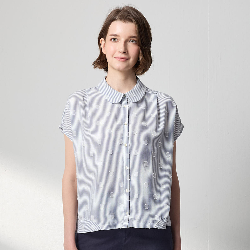 PIPPY 柔美飄逸純棉翻領短袖上衣  藍