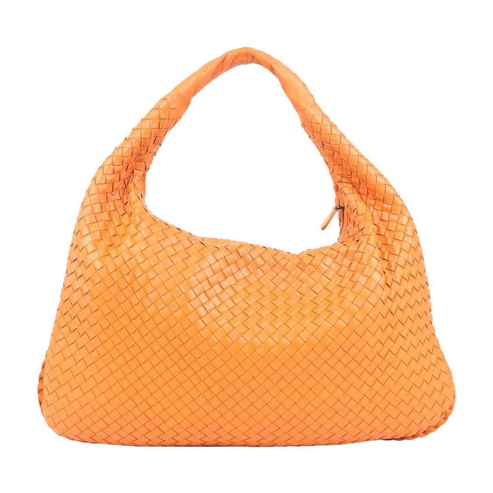 【Bottega Veneta】小羊皮編織彎月包/和尚包/肩背包(橘黃色)
