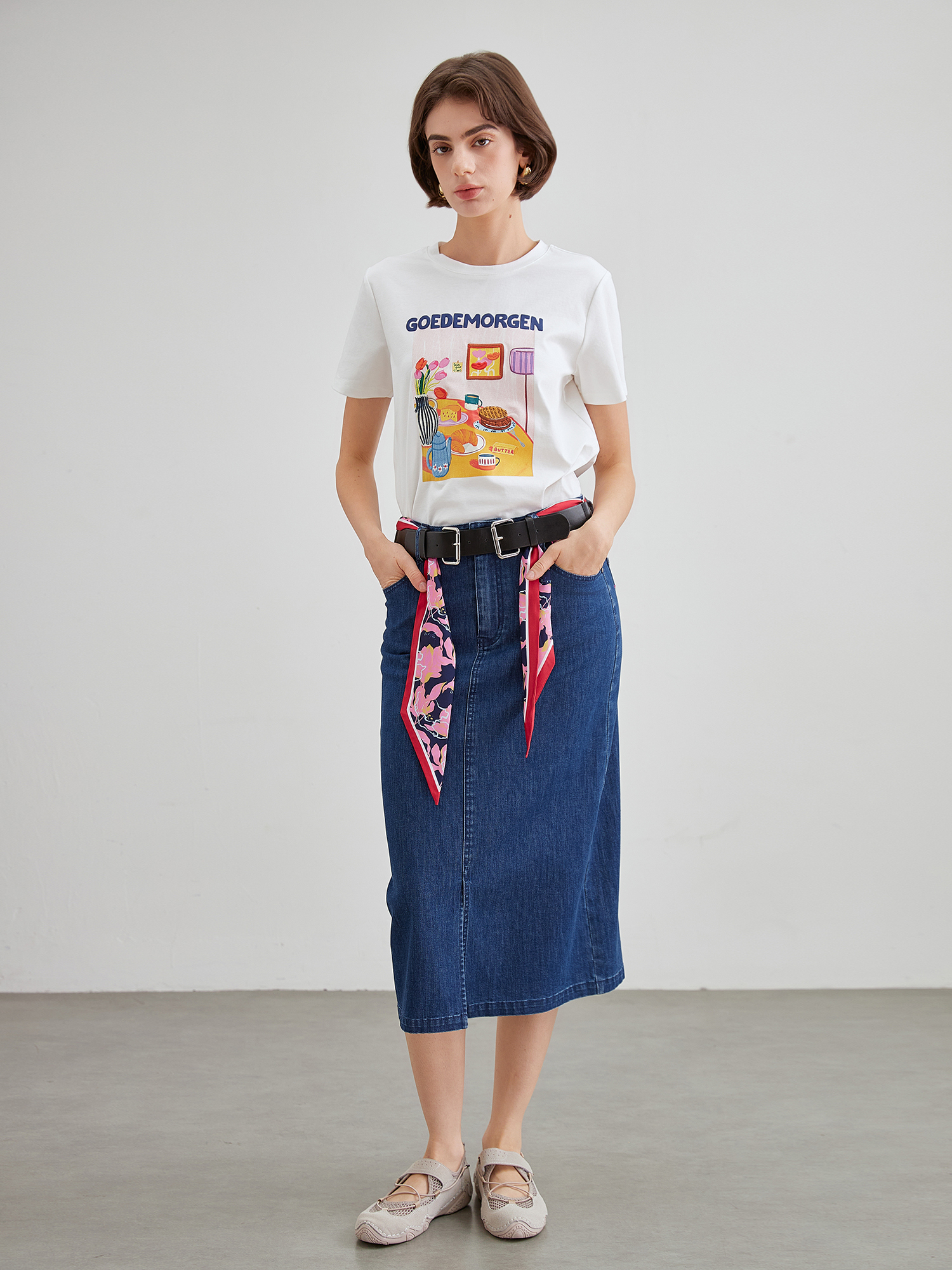 mi-tu 絲巾皮帶牛仔半身裙