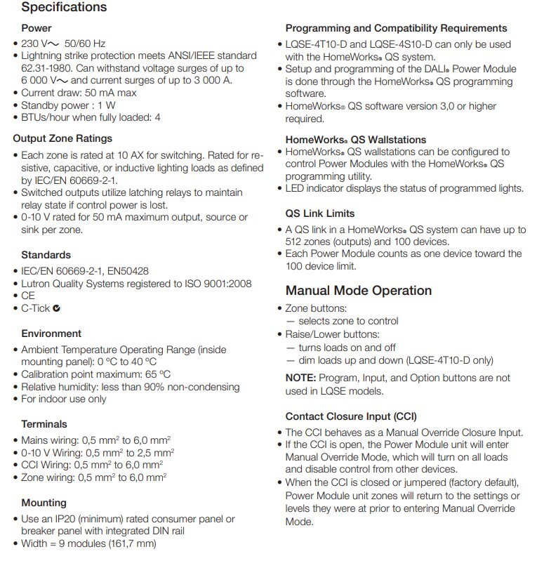 路創 LQSE-4S10-D 4 CHANNEL SWITCHING, HOMEWORKS