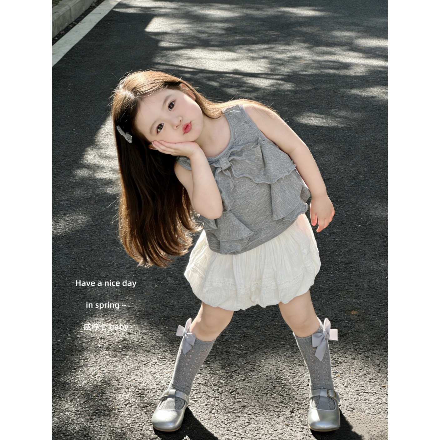 灰色荷葉蝴蝶結上衣/麵包褲