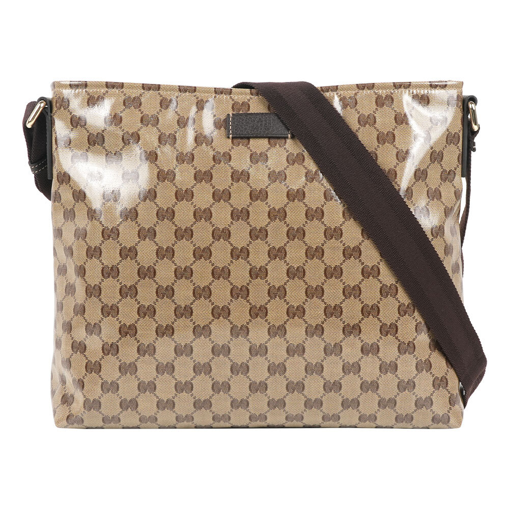 【GUCCI】GG Crystal Canvas 滿版老花拉鍊斜背包(米色/烏木色)