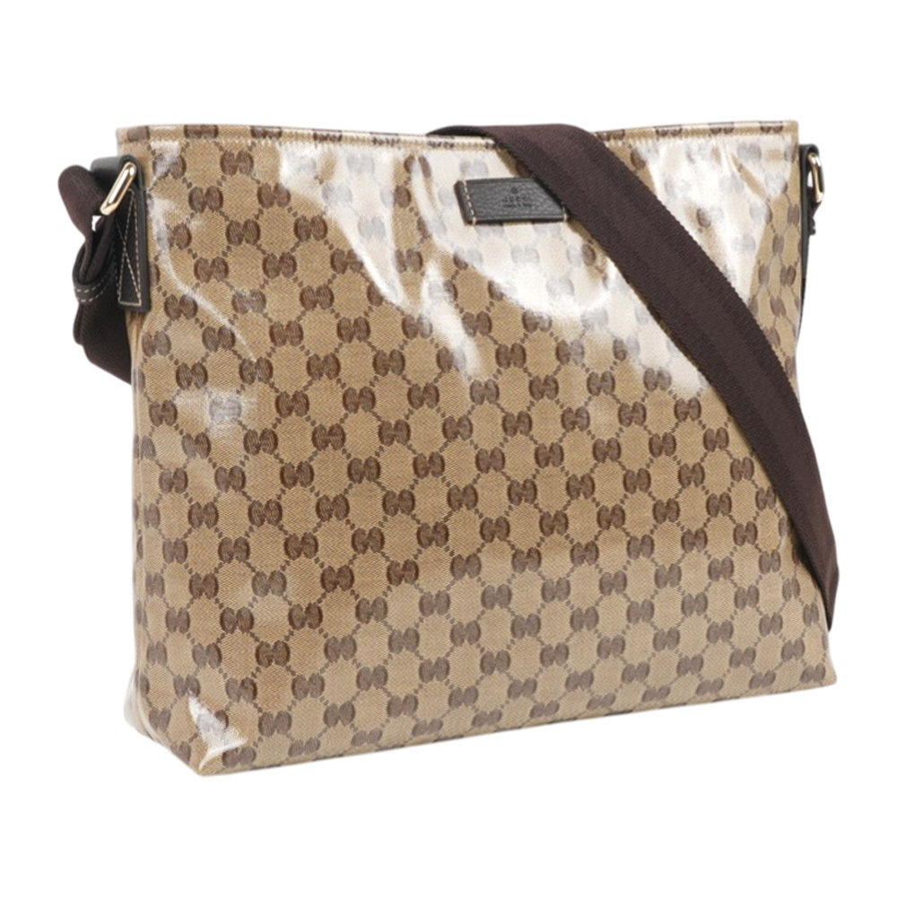 【GUCCI】GG Crystal Canvas 滿版老花拉鍊斜背包(米色/烏木色)