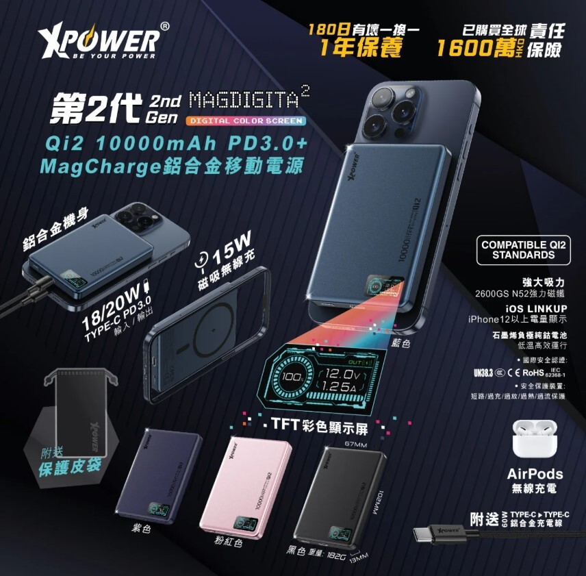 (早買限定優惠)(3C可追溯二維碼)XPower MagDigita² 第2代 彩屏顯示10000mAh PD3.0+QI2 磁吸移動電源