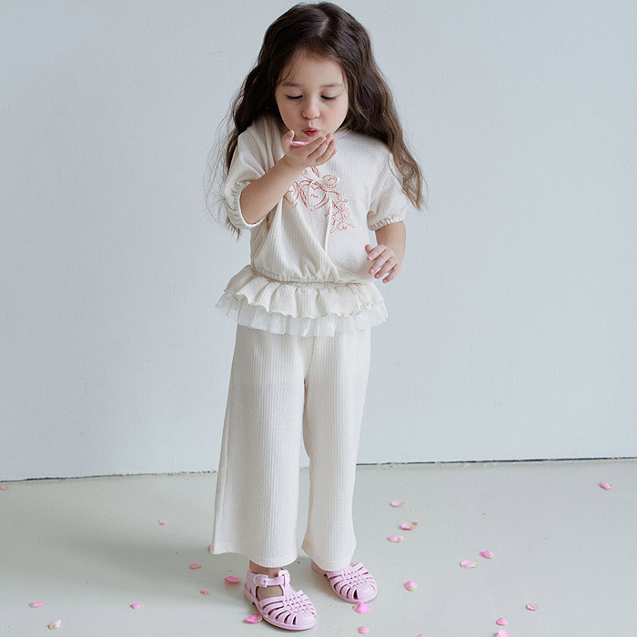 正韓夏momoann 兩色緞帶蝴蝶結華夫格套裝