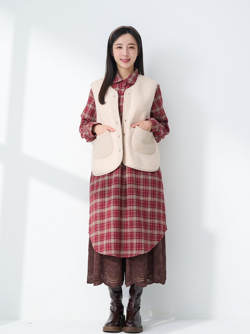 搖粒絨貓咪背心法蘭絨格紋洋裝純棉寬褲組合