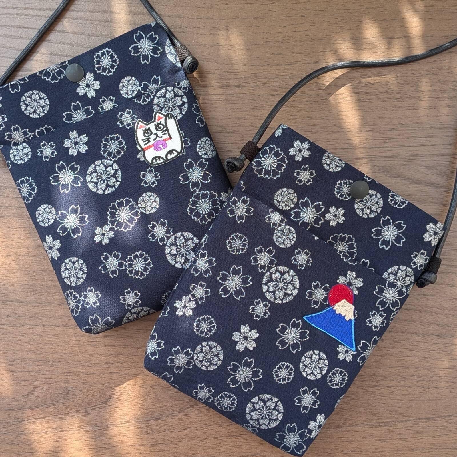 [日本製造] 櫻花 配富士山/貓咪绣花 掛肩袋