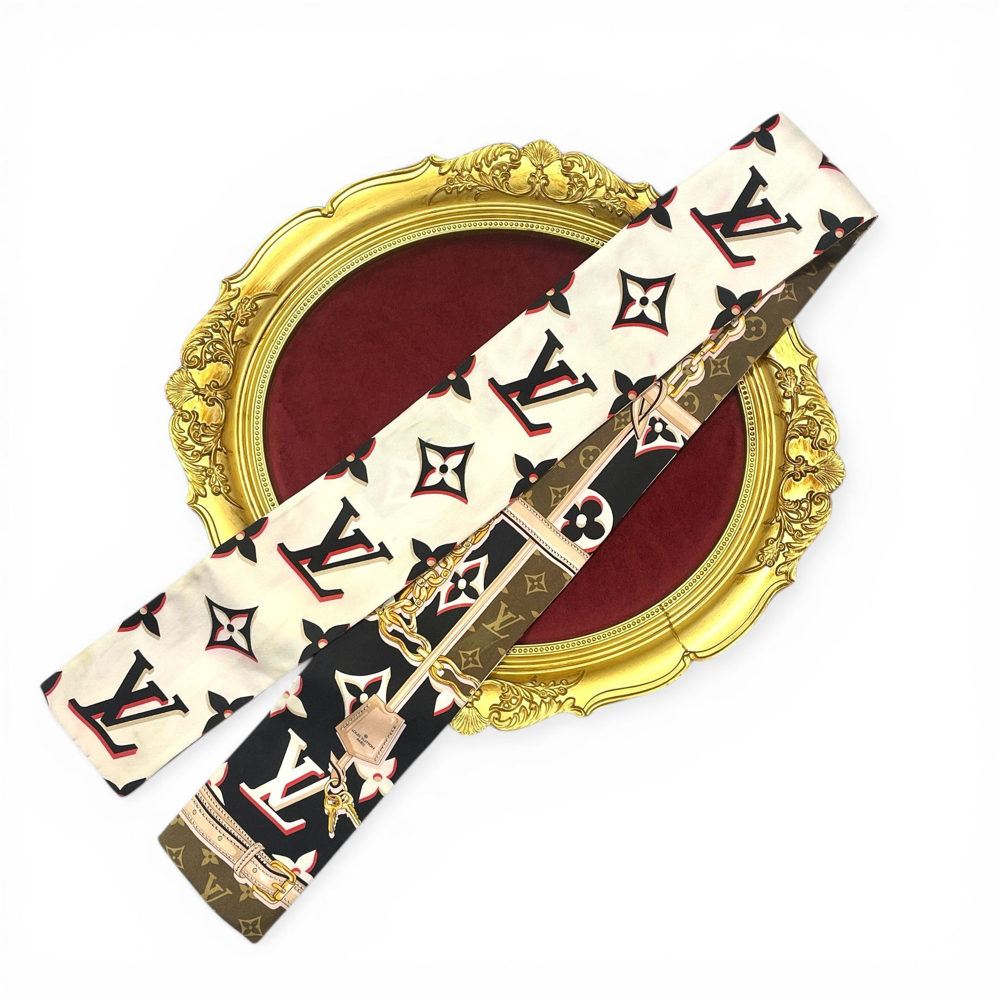 80%NEW二手LV TWILLY M76733 BANDEAU PERFECT MATCH 黑白啡真絲印花長絲巾 #香榭站正品