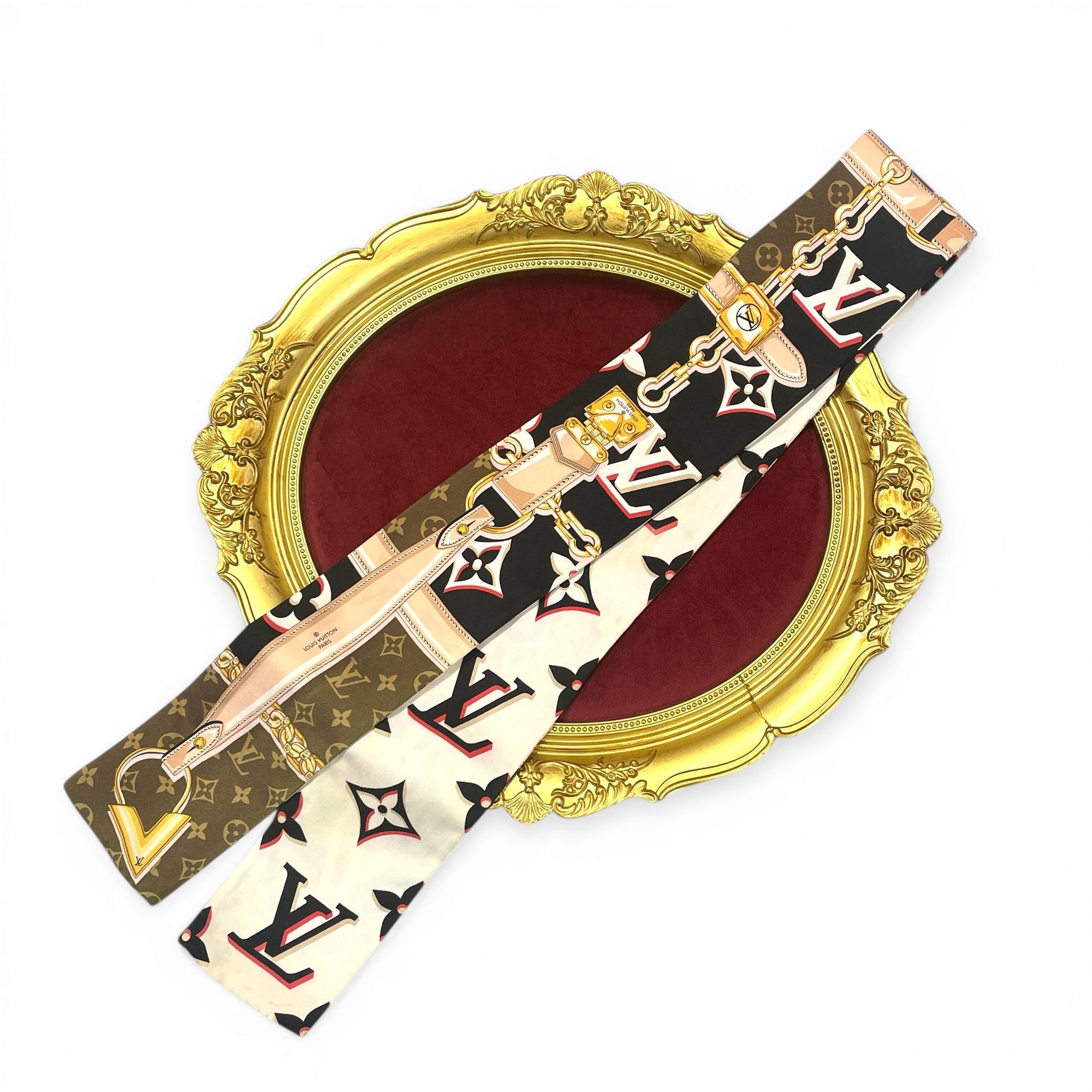 80%NEW二手LV TWILLY M76733 BANDEAU PERFECT MATCH 黑白啡真絲印花長絲巾 #香榭站正品