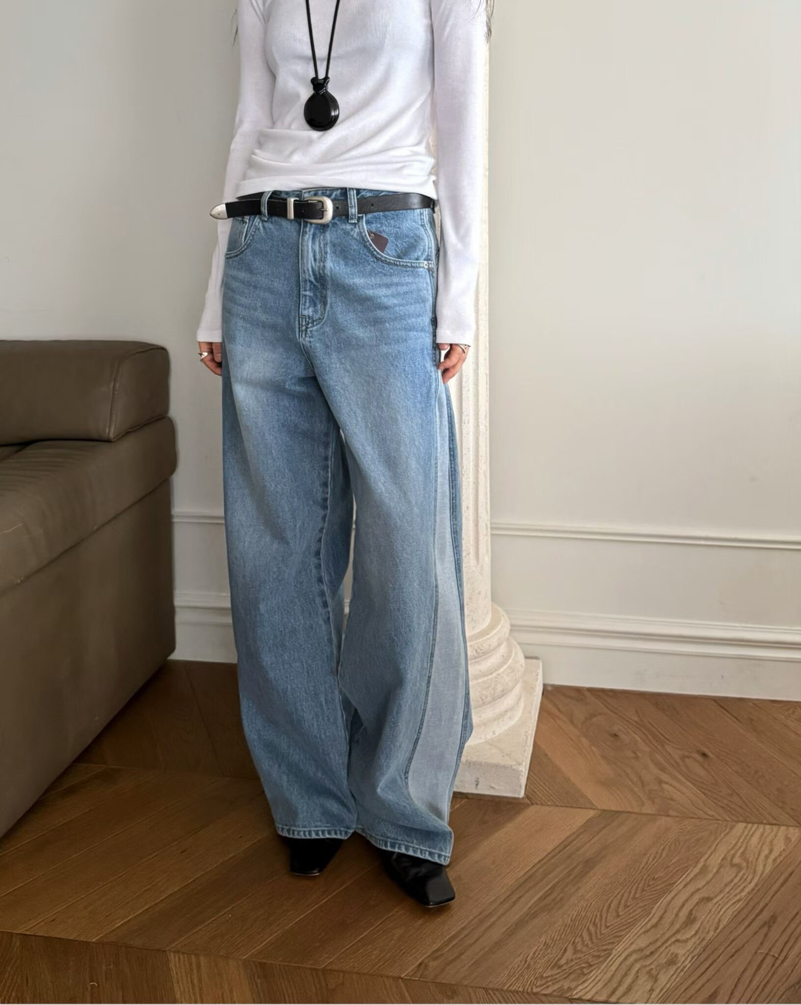 側開褶造型牛仔褲