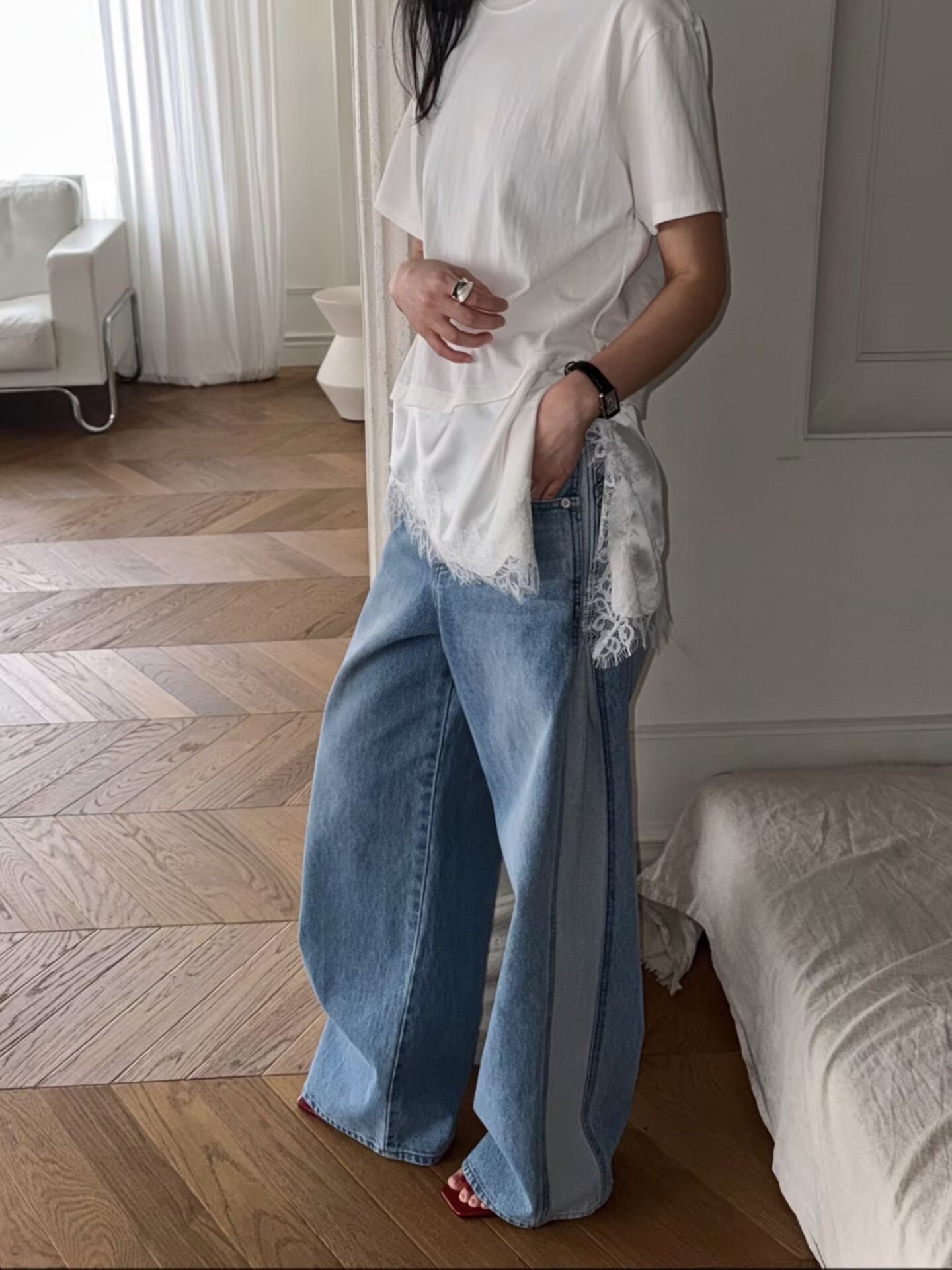 側開褶造型牛仔褲