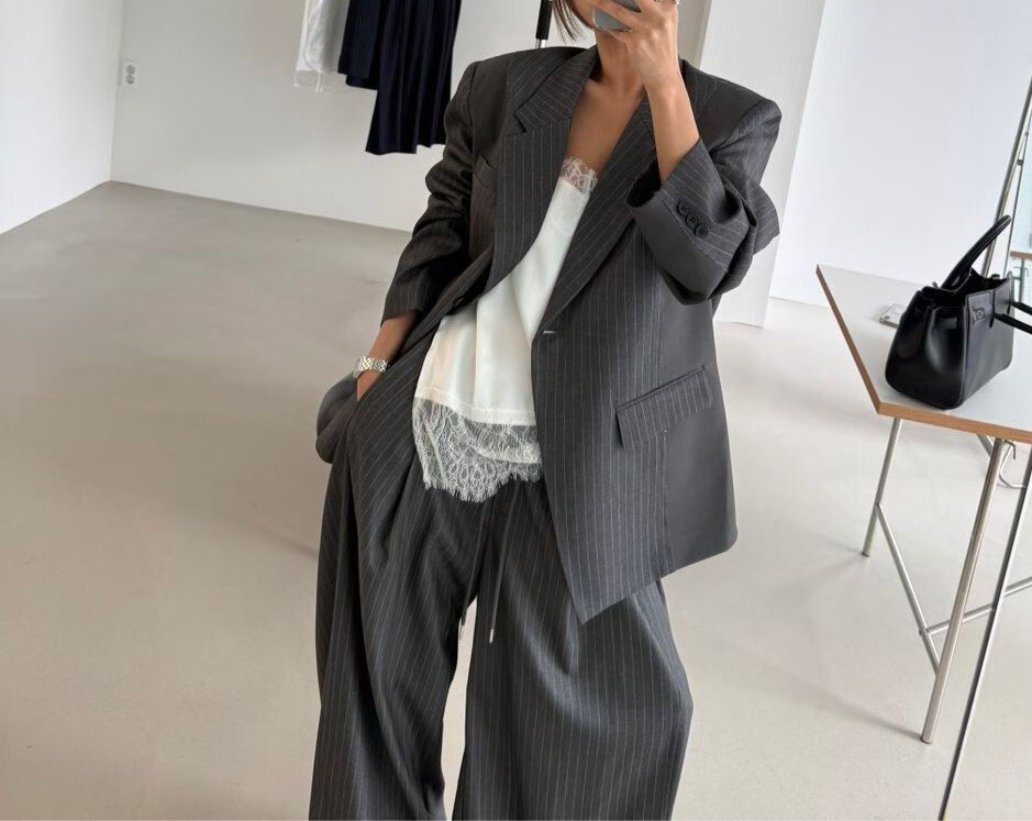 拼接直紋寬版西裝