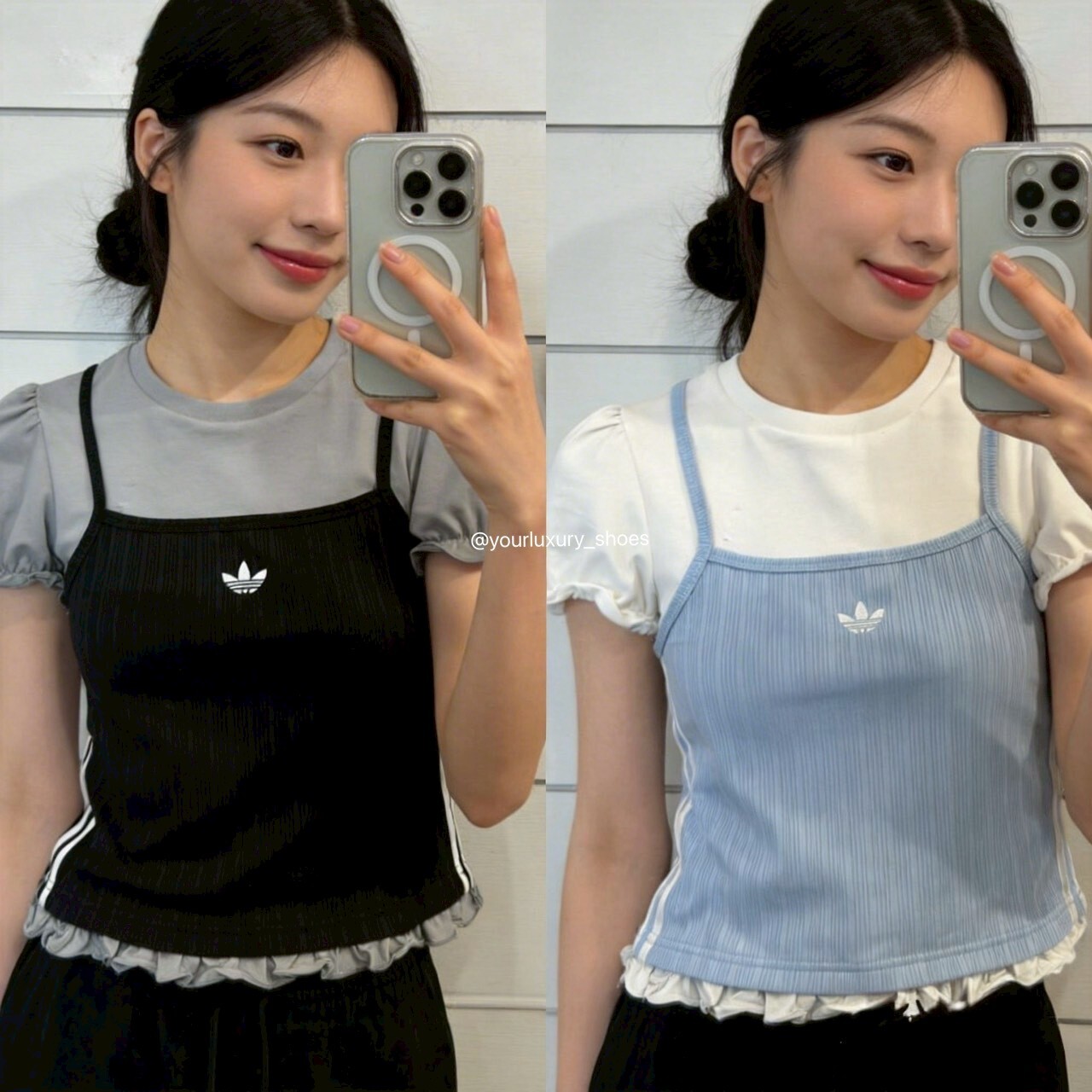 【Luxury】ADIDAS ORIGINALS SLIM 愛迪達 公主風 假兩件式 泡泡袖 短版 短袖 寶寶藍 黑灰 KY3299/KY3298