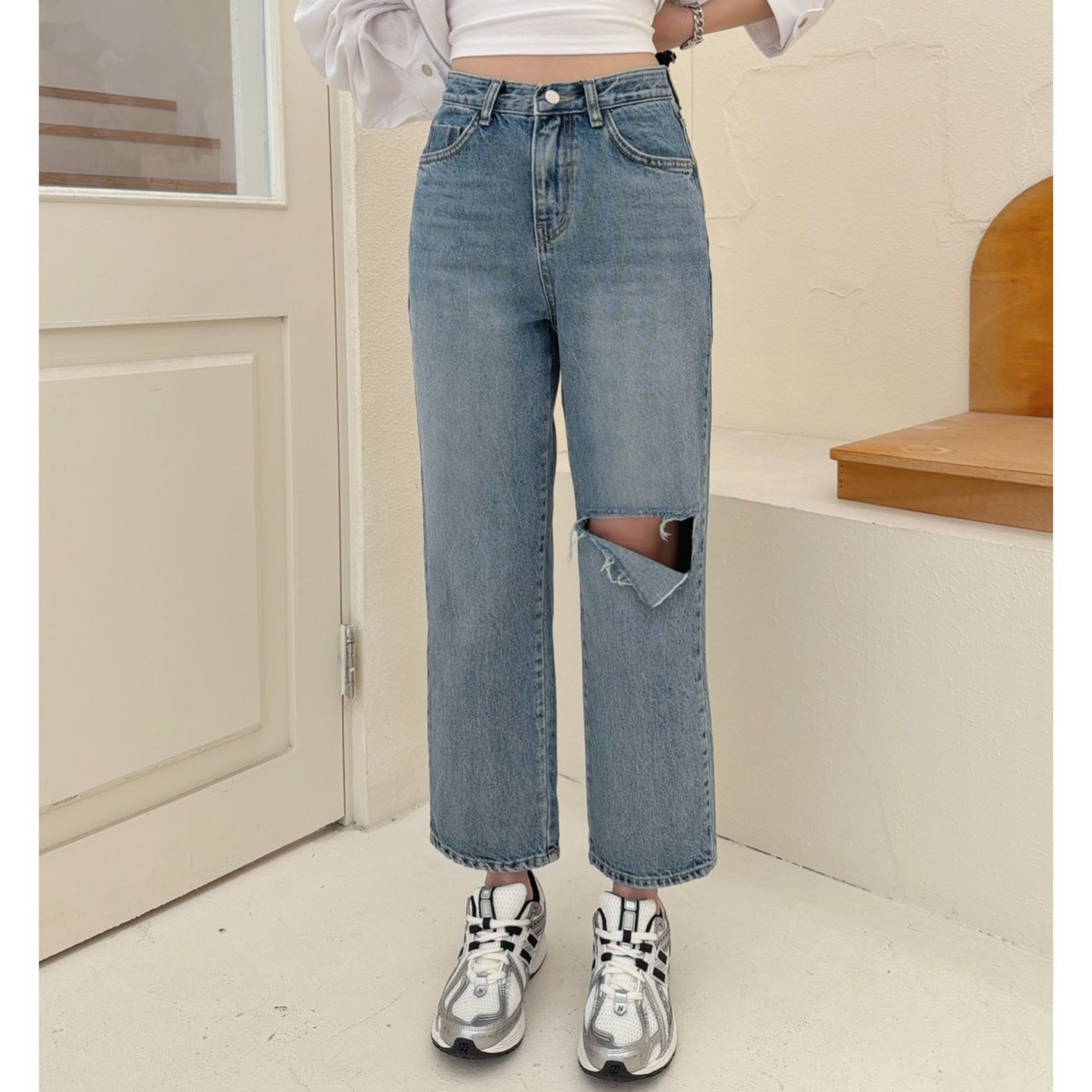 ［預購］🔥03.25春夏新品］💥夏天必收男友破褲］🇰🇷正韓高腰超美刷色左破洞直筒牛仔褲（SML)