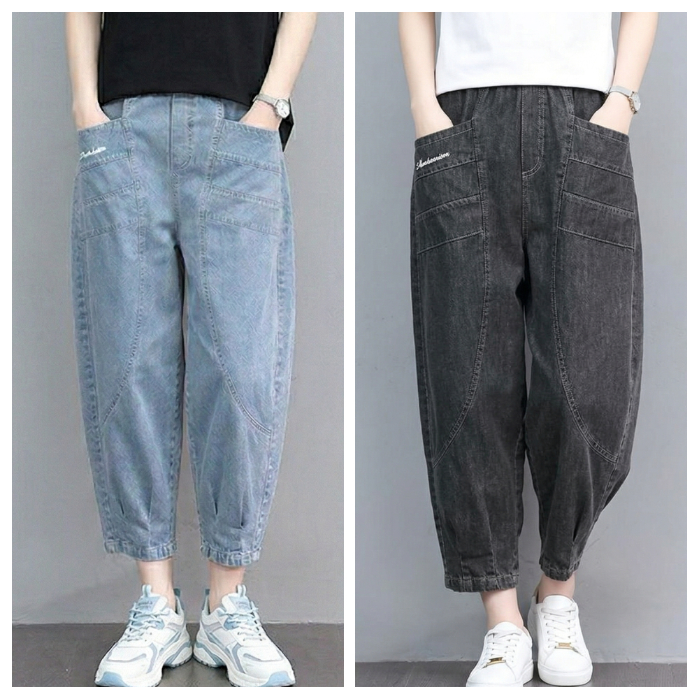 【ASister 小姊姊】03387#棉質牛仔褲☆寬鬆刺繡款高腰鬆緊七分哈倫褲/休閒褲(2色 S-2XL)