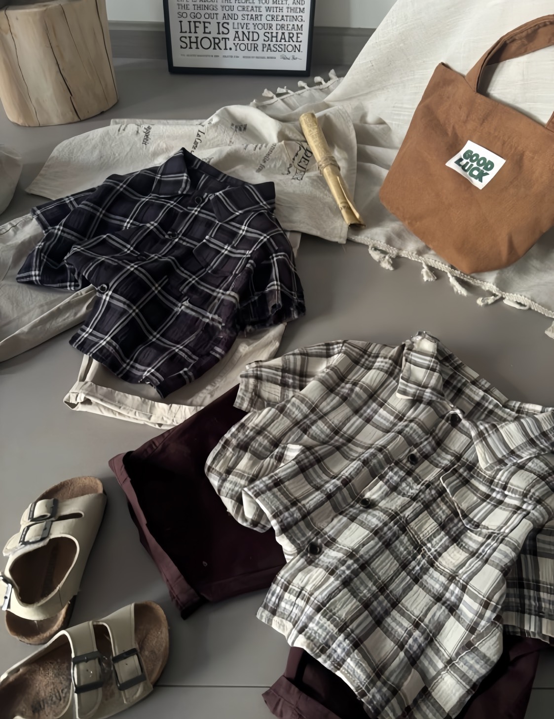 韓系格紋短袖襯衫