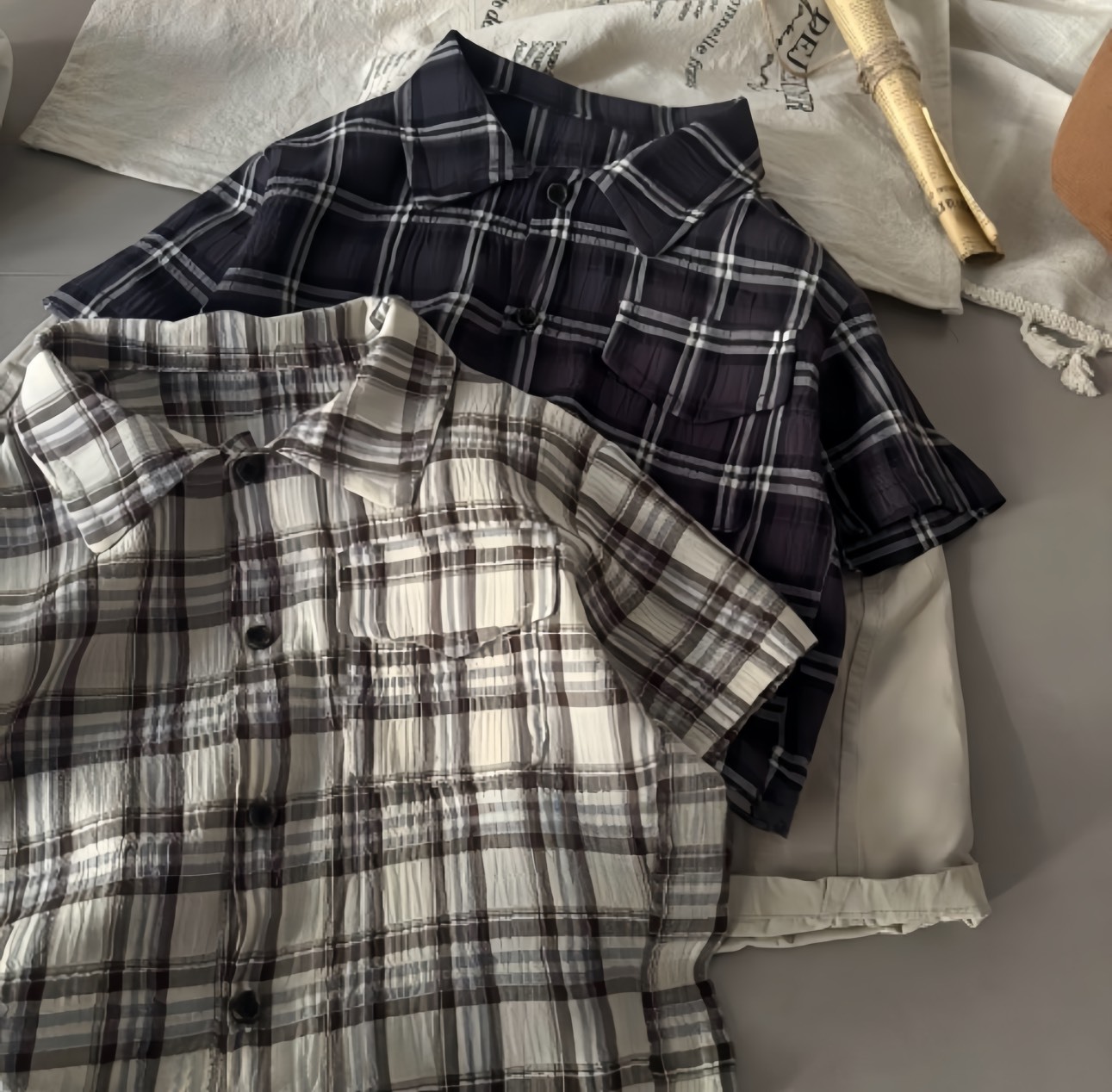 韓系格紋短袖襯衫