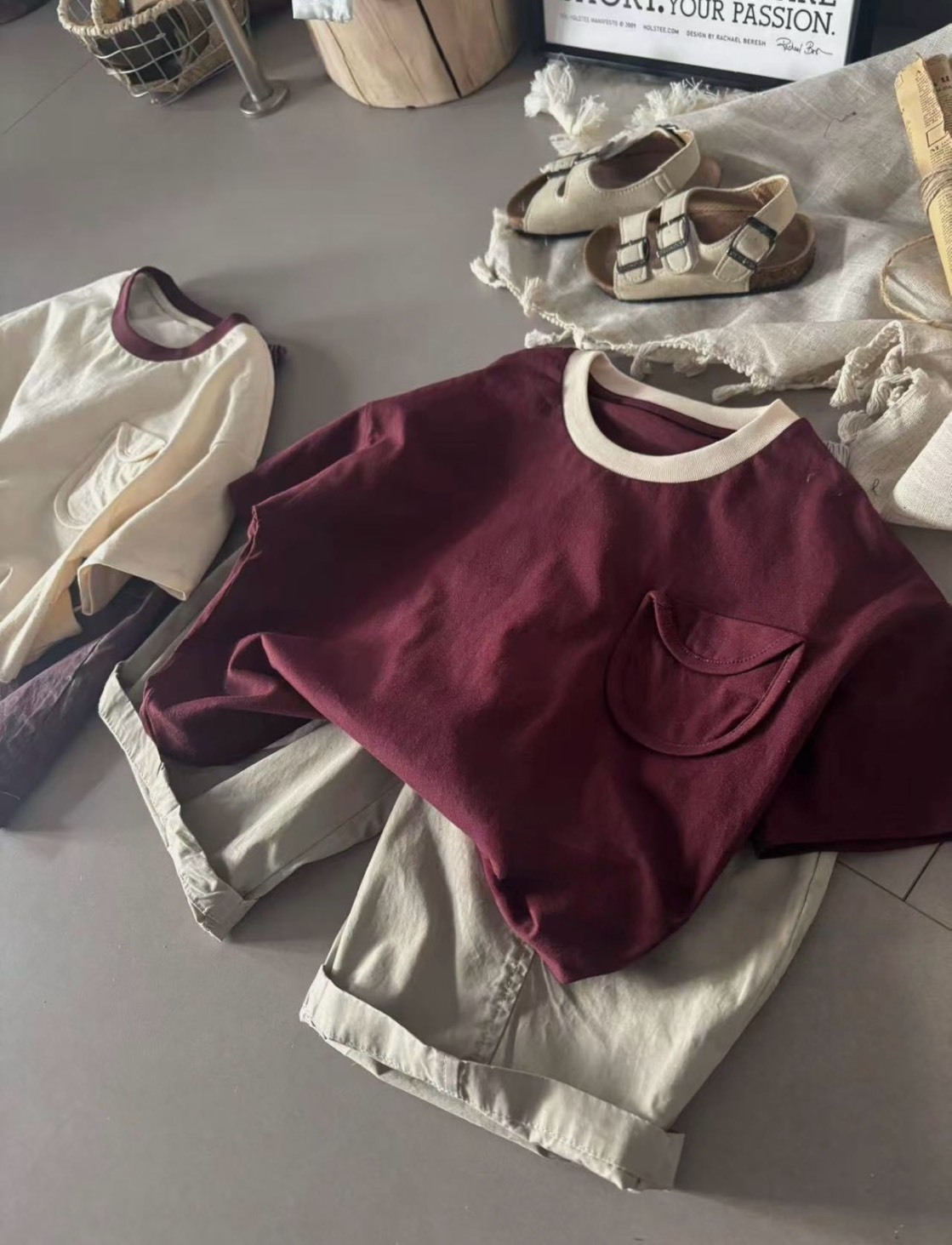 撞色圓領口袋上衣