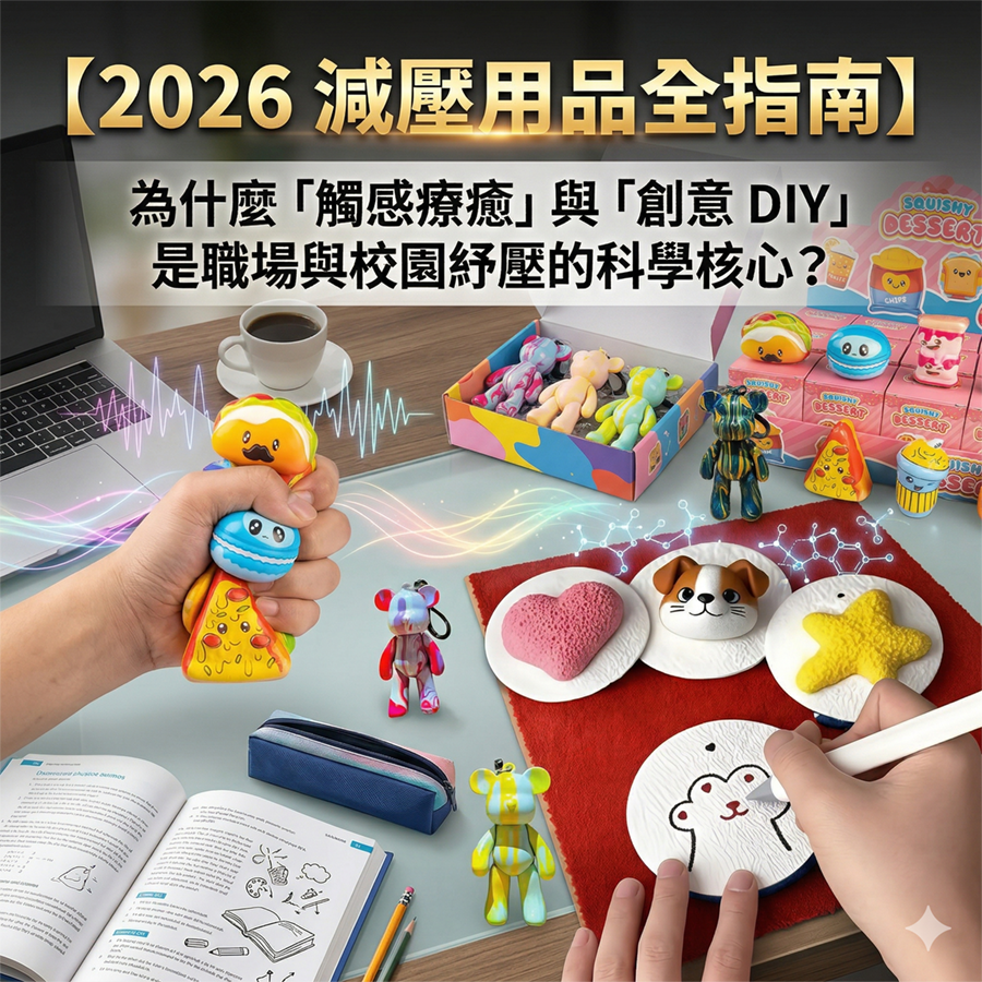 加油文具 2026 減壓用品全指南網誌封面：視覺化呈現觸感療癒與創意 DIY 之科學核心，展示流體熊材料包、專業紓壓玩具及支援政府 P-Card 採購方案。