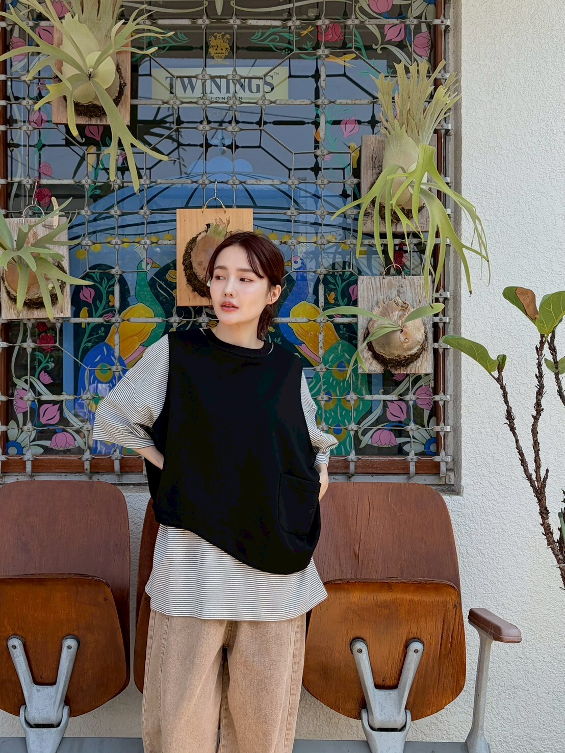 拚色領細條紋上衣8033L15