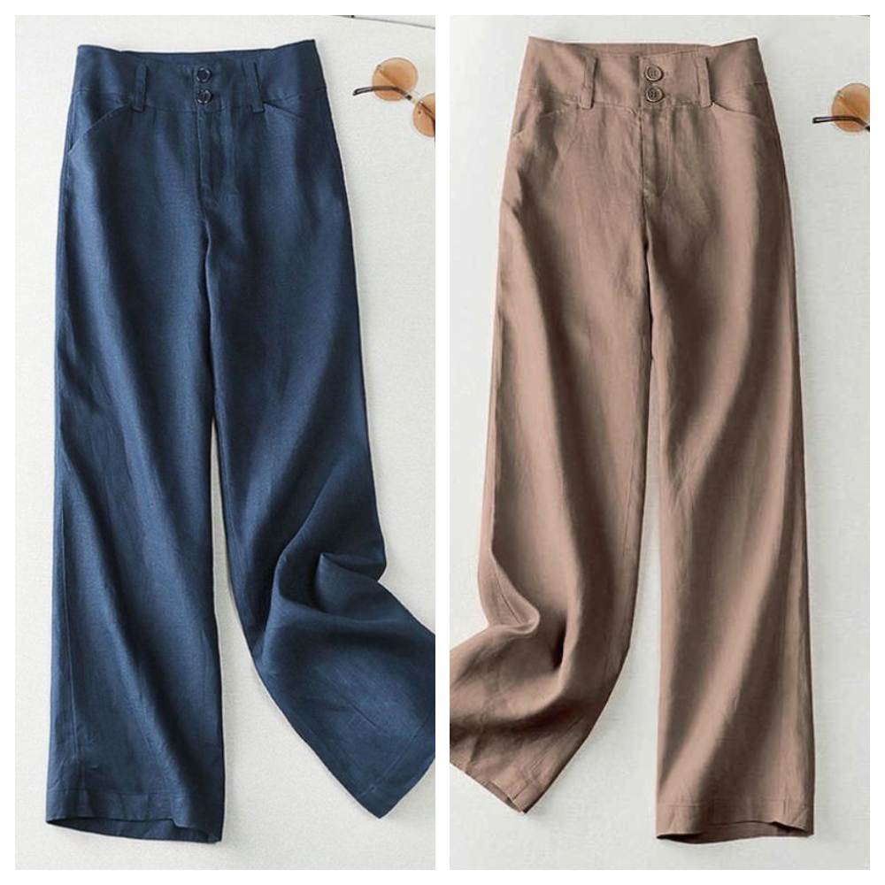 【ASister 小姊姊】AS0506#長褲☆*同色釦純色*腰頭後鬆緊帶九分亞麻直筒褲(6色 M-2XL)