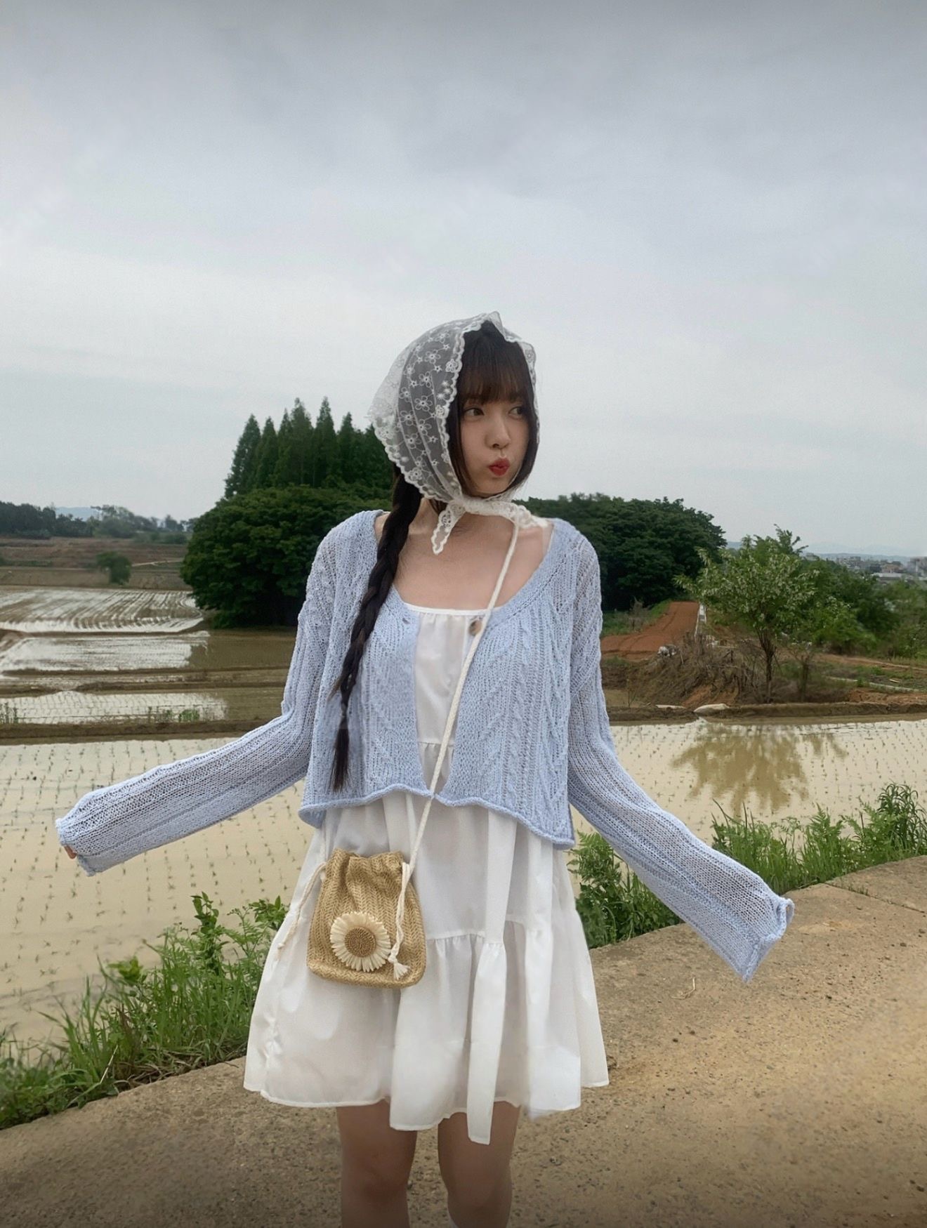 （3月韓國連線）SA15｜森系少女⋆˚✿˖° 寬鬆單鈕麻花針織外套+自由綁帶吊帶蛋糕連身OPS