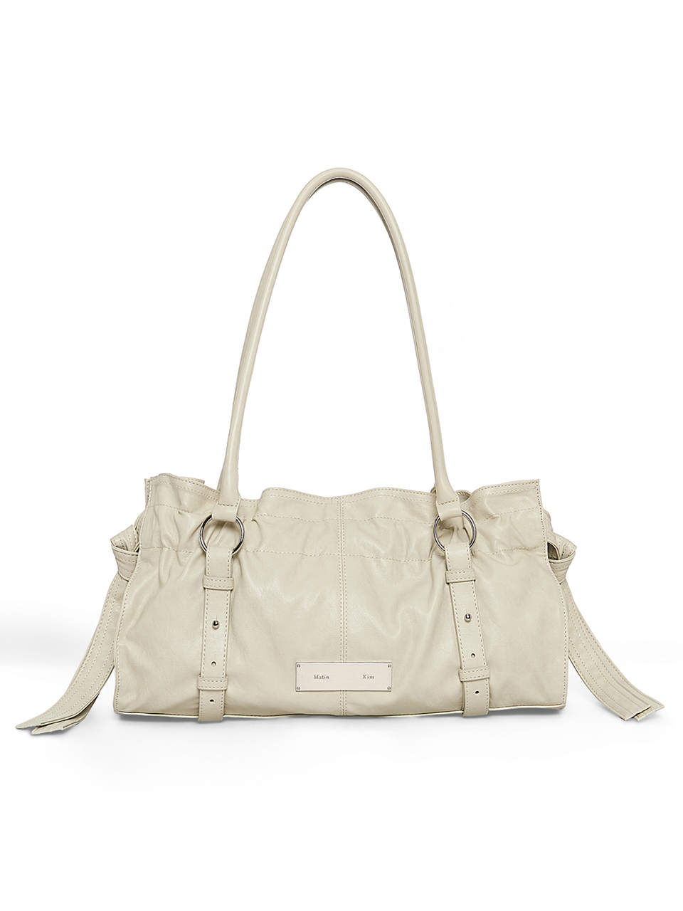 抽皺綁帶扣環肩背包 米色