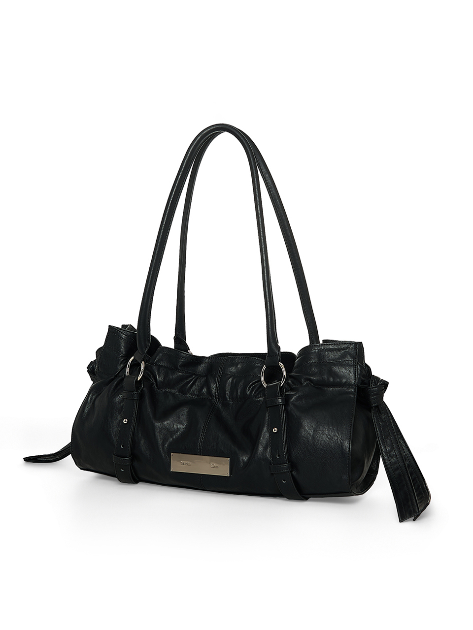 抽皺綁帶扣環肩背包 黑色