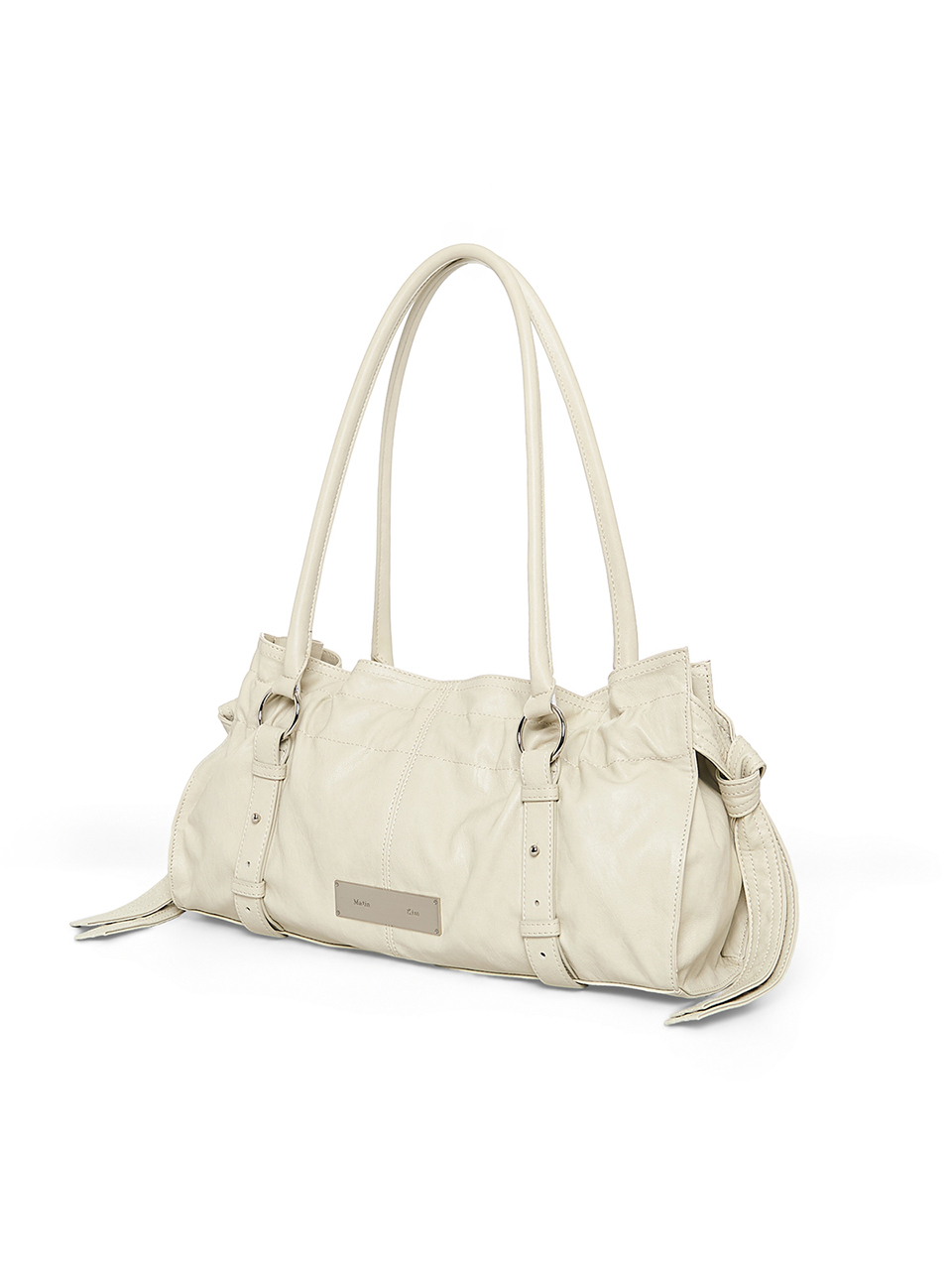 抽皺綁帶扣環肩背包 米色