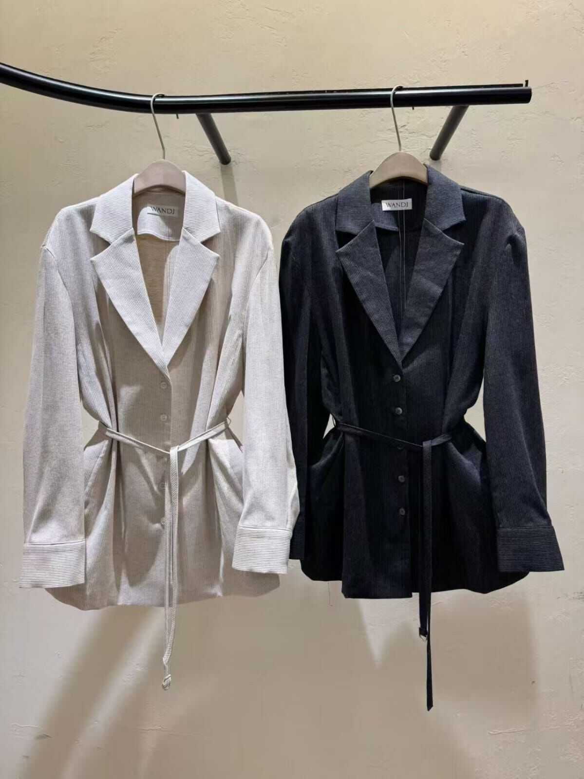 WJ6025 暗條紋腰帶開領休閑西裝外套