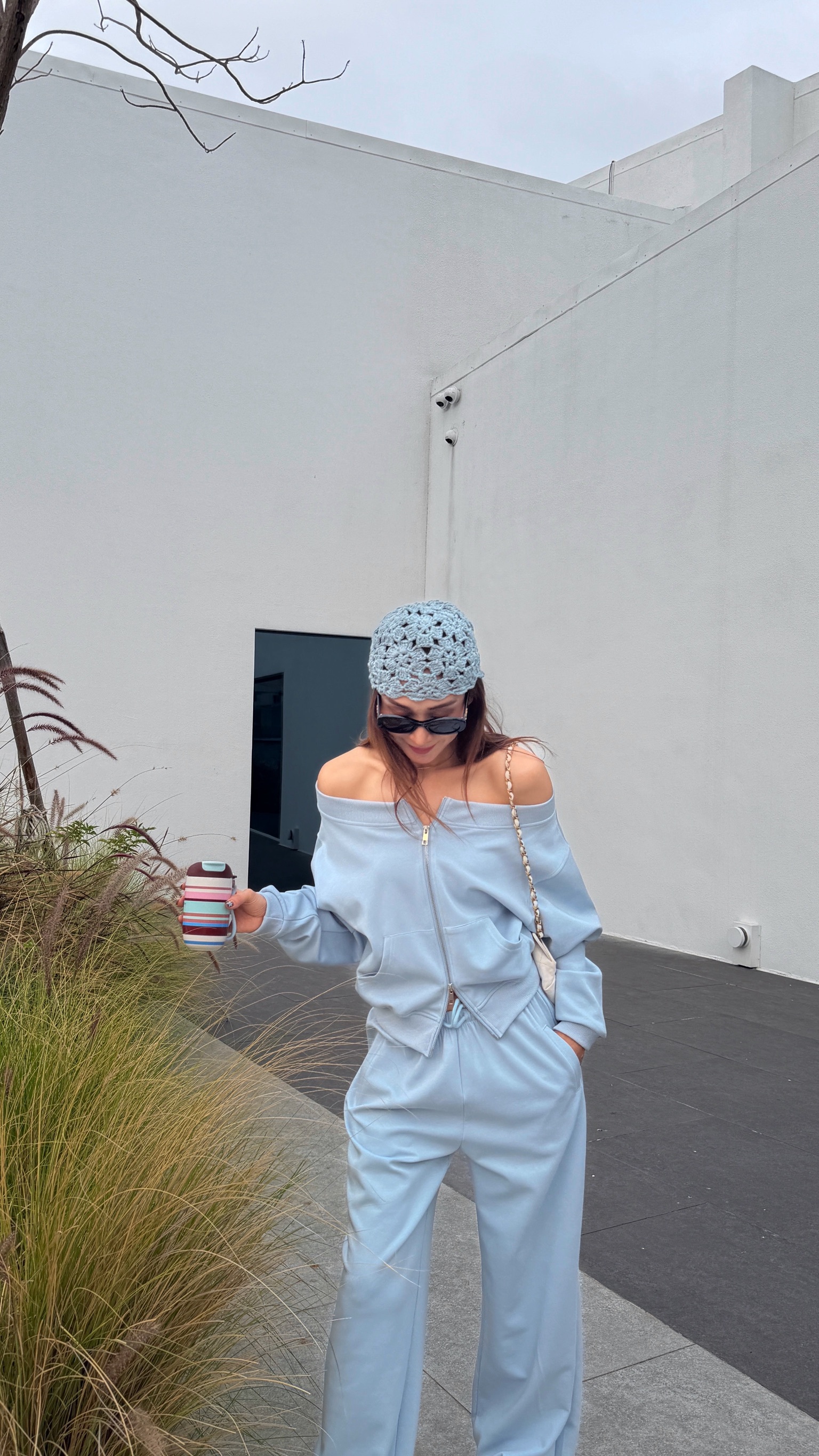 拉鍊一字肩休閒棉套裝