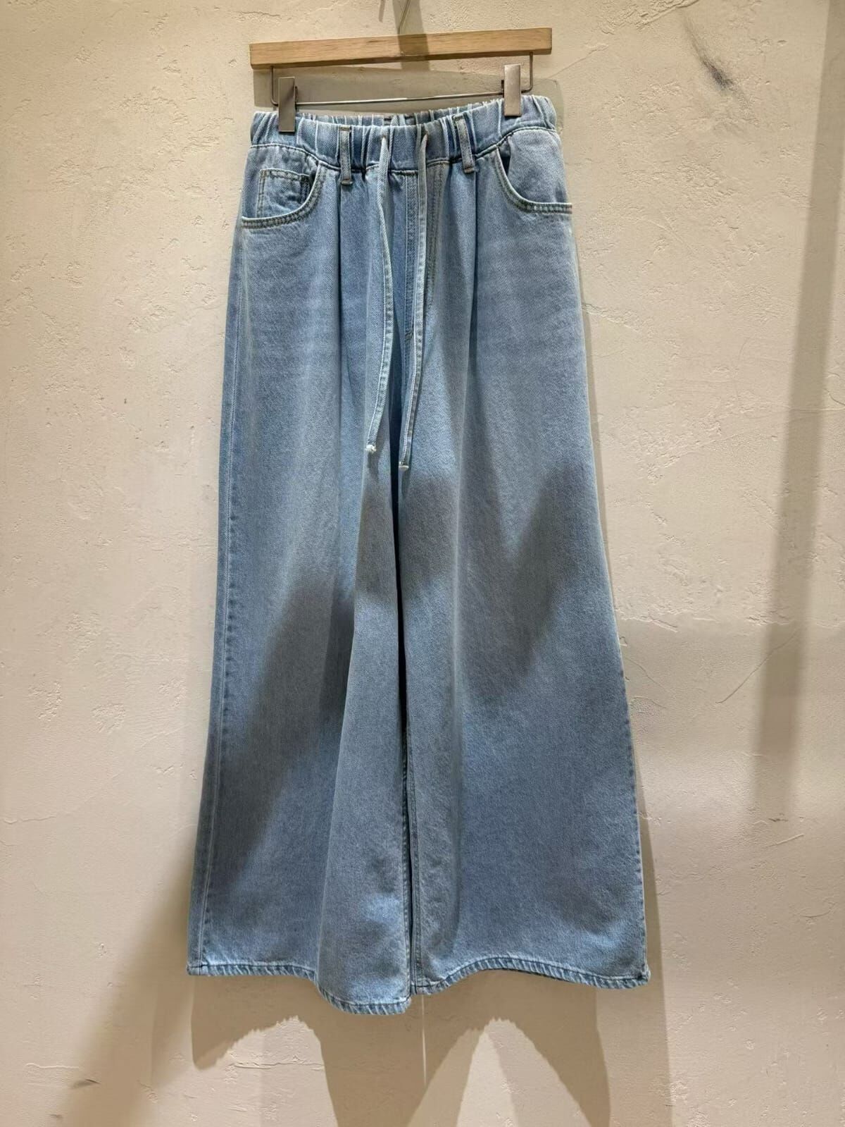 WJ6030 橡筋腰綁帶貓鬚牛仔寬褲