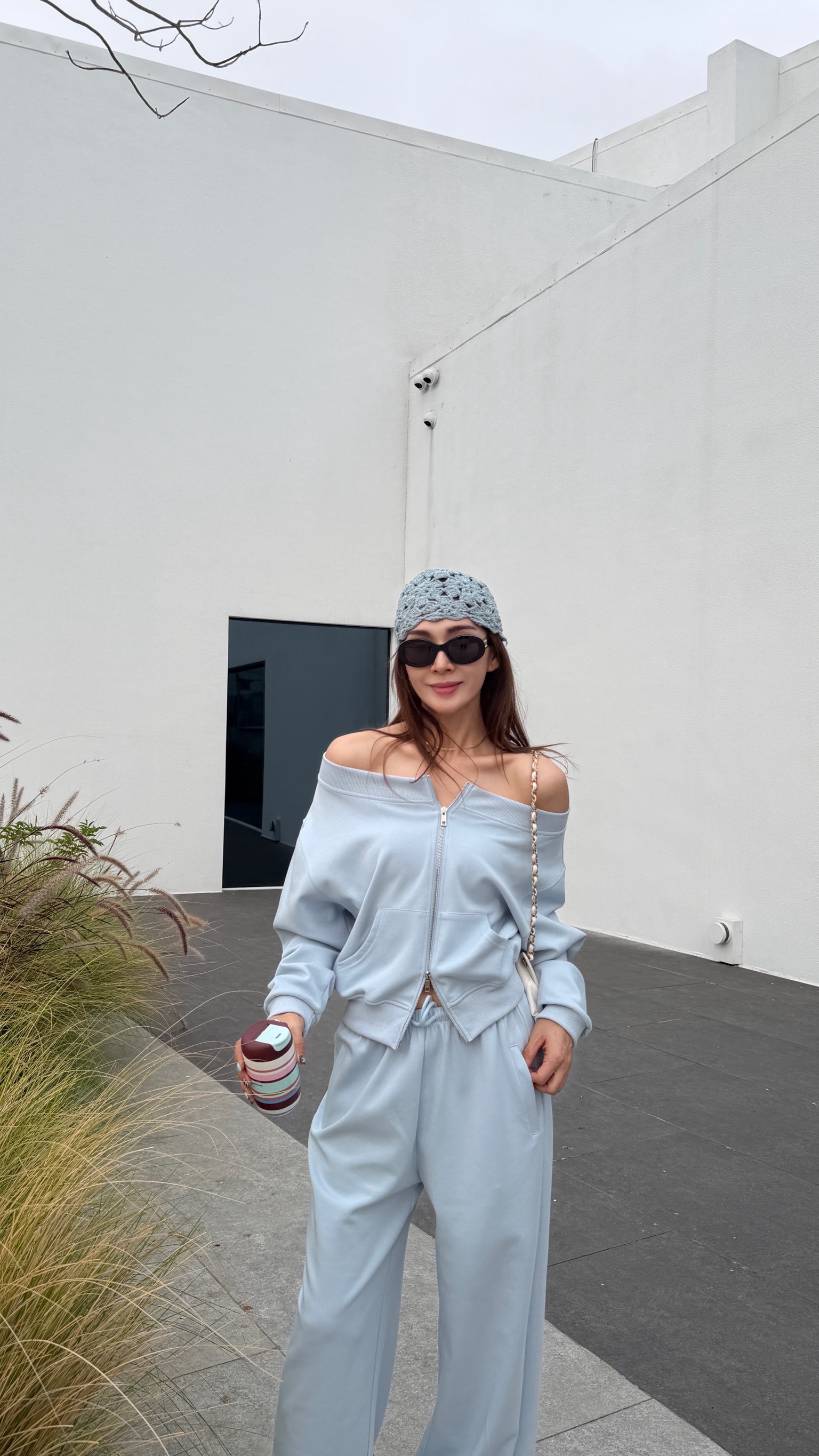 拉鍊一字肩休閒棉套裝