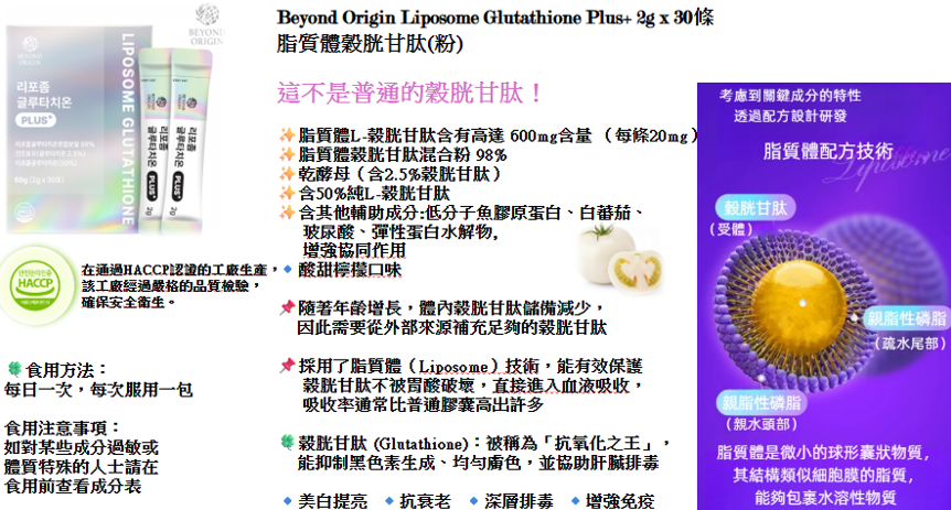 【直播】Beyond Origin LX032542 脂質體穀胱甘肽 (粉)(2gx30 條)