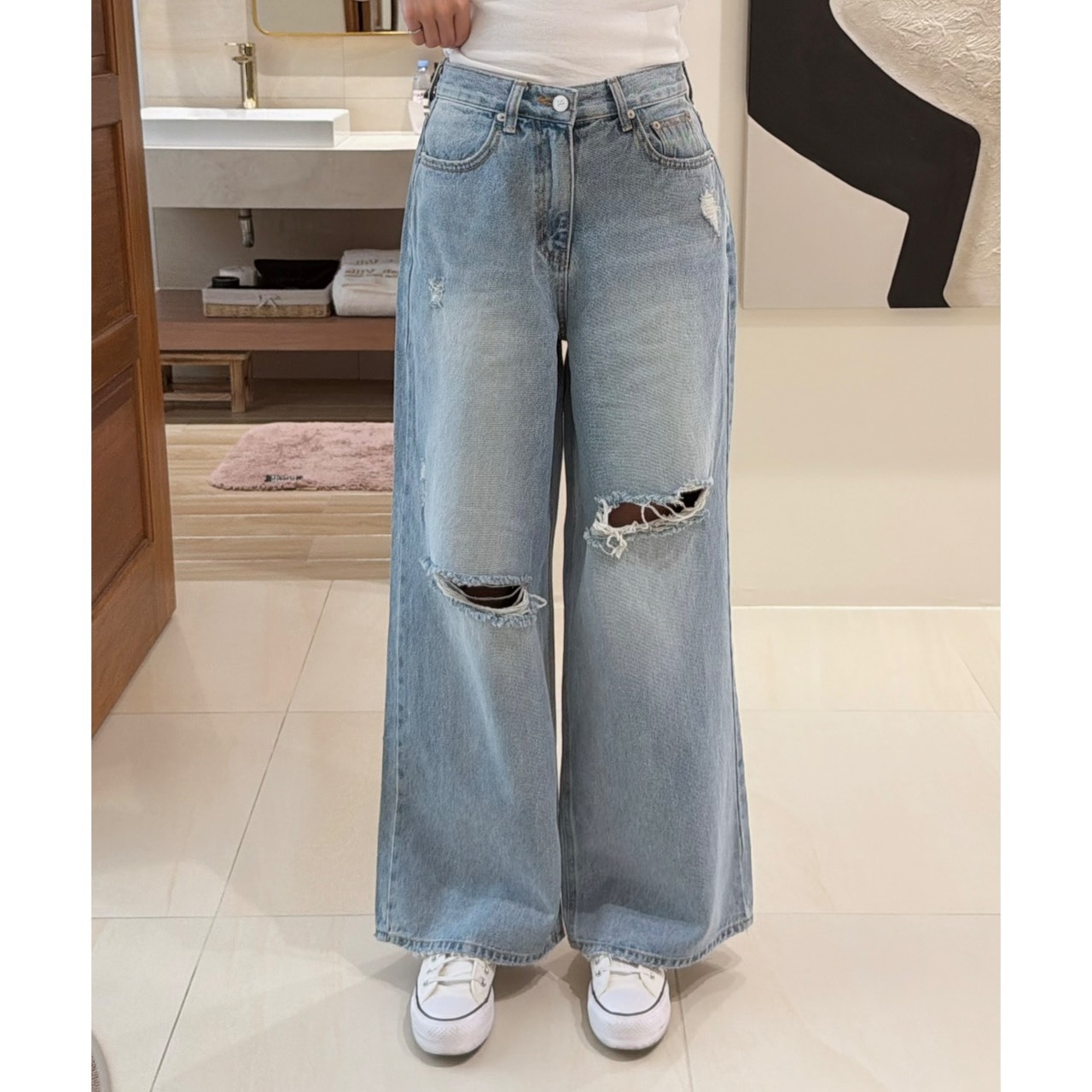 ［預購］🔥03.25春夏新品］💥跩跩歐膩家］🇰🇷正韓高腰後可調式腰圍刷破牛仔寬褲（SML）