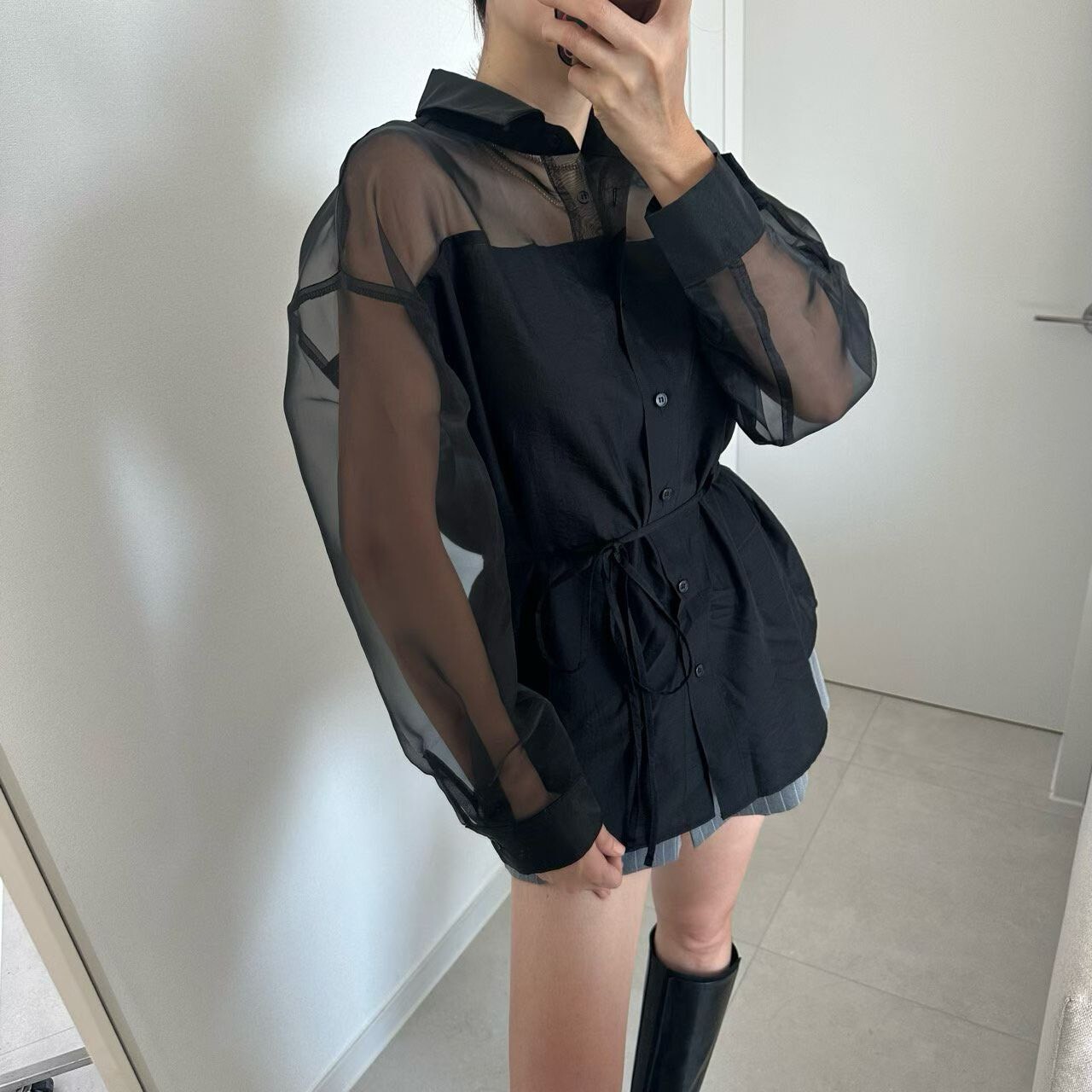 半透視綁帶長版襯衫