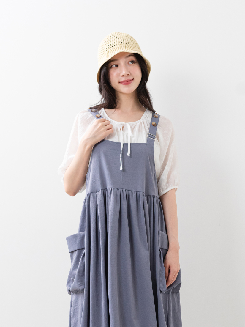 側口袋花苞吊帶洋裝繡花領口綁帶上衣組合