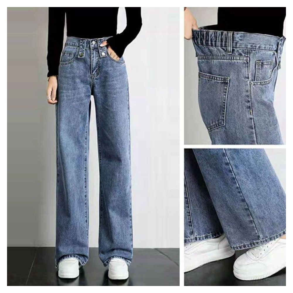 【ASister 小姊姊】AS1178#3釦*四季款高腰後鬆緊帶闊腿寬褲*長腿牛仔褲(2色_26腰-32腰)