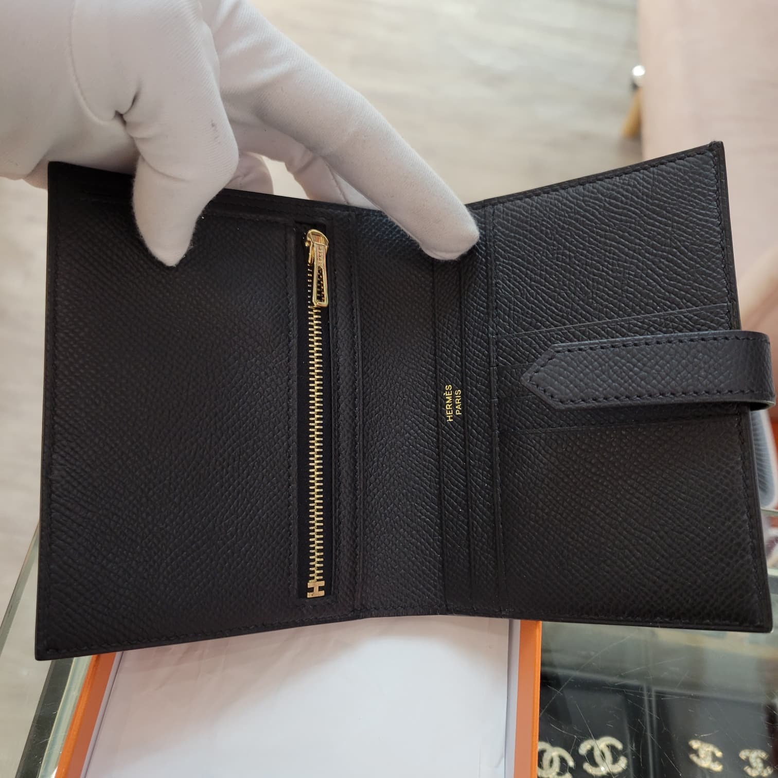 HERMES Bearn compact wallet NOIR CC EPSOM 短銀包 黑色 金扣