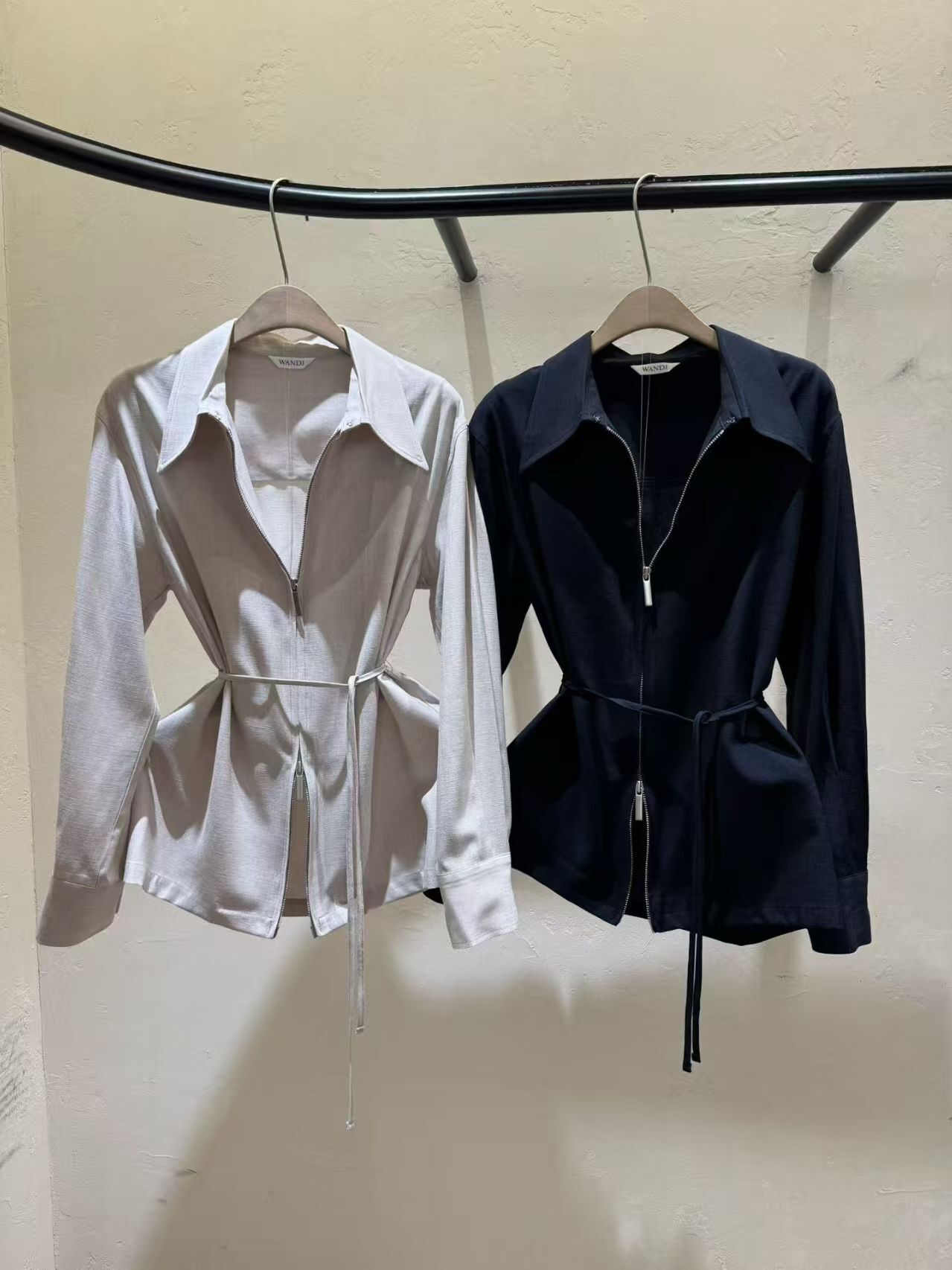 WJ6040 綁帶雙拉鏈翻領外套