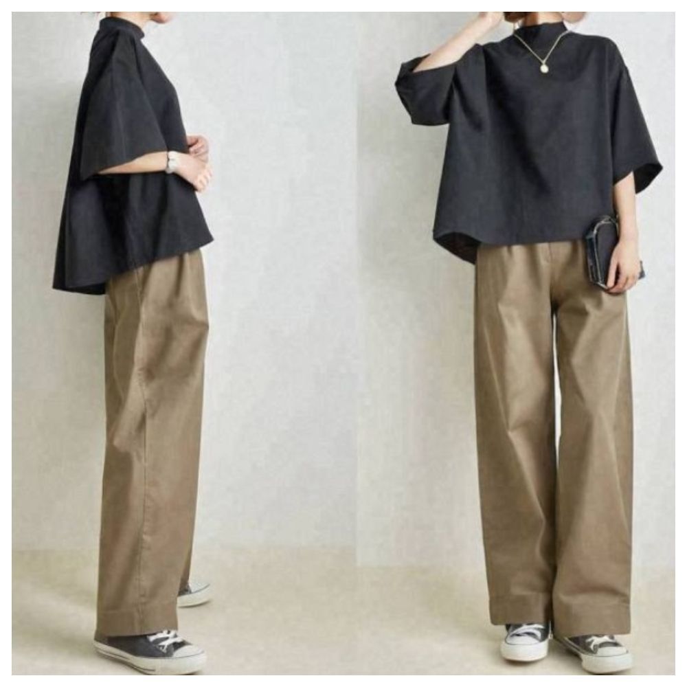 【ASister 小姊姊】AS1519#套裝☆*半高領五分袖黑上衣+奶茶色直筒長寬褲(S-L)