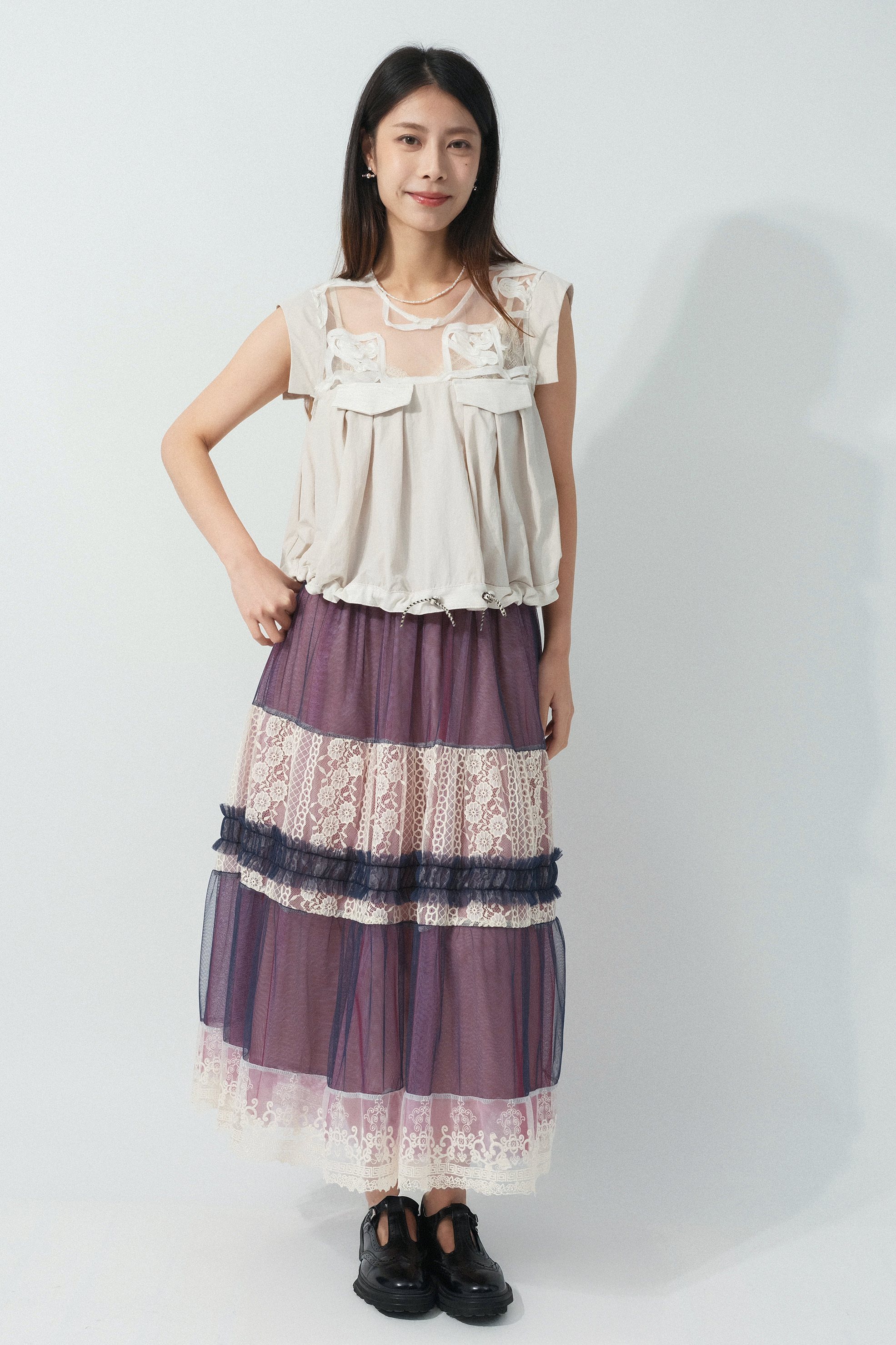 蕾絲花邊拼色網紗裙（預購產品）