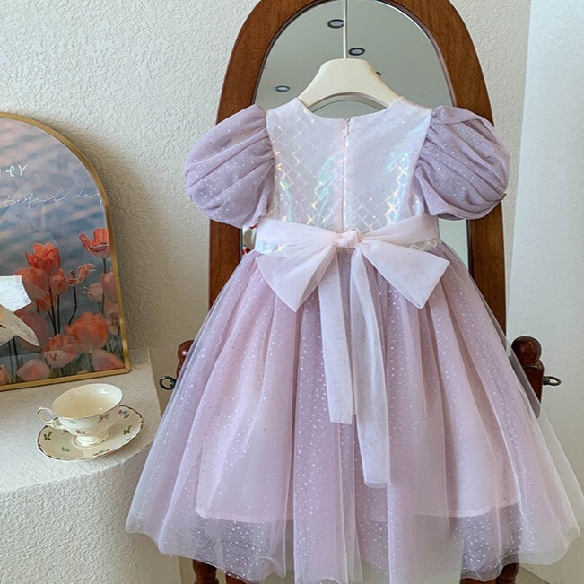 珍珠領亮面紗裙洋裝 100-140cm #8506