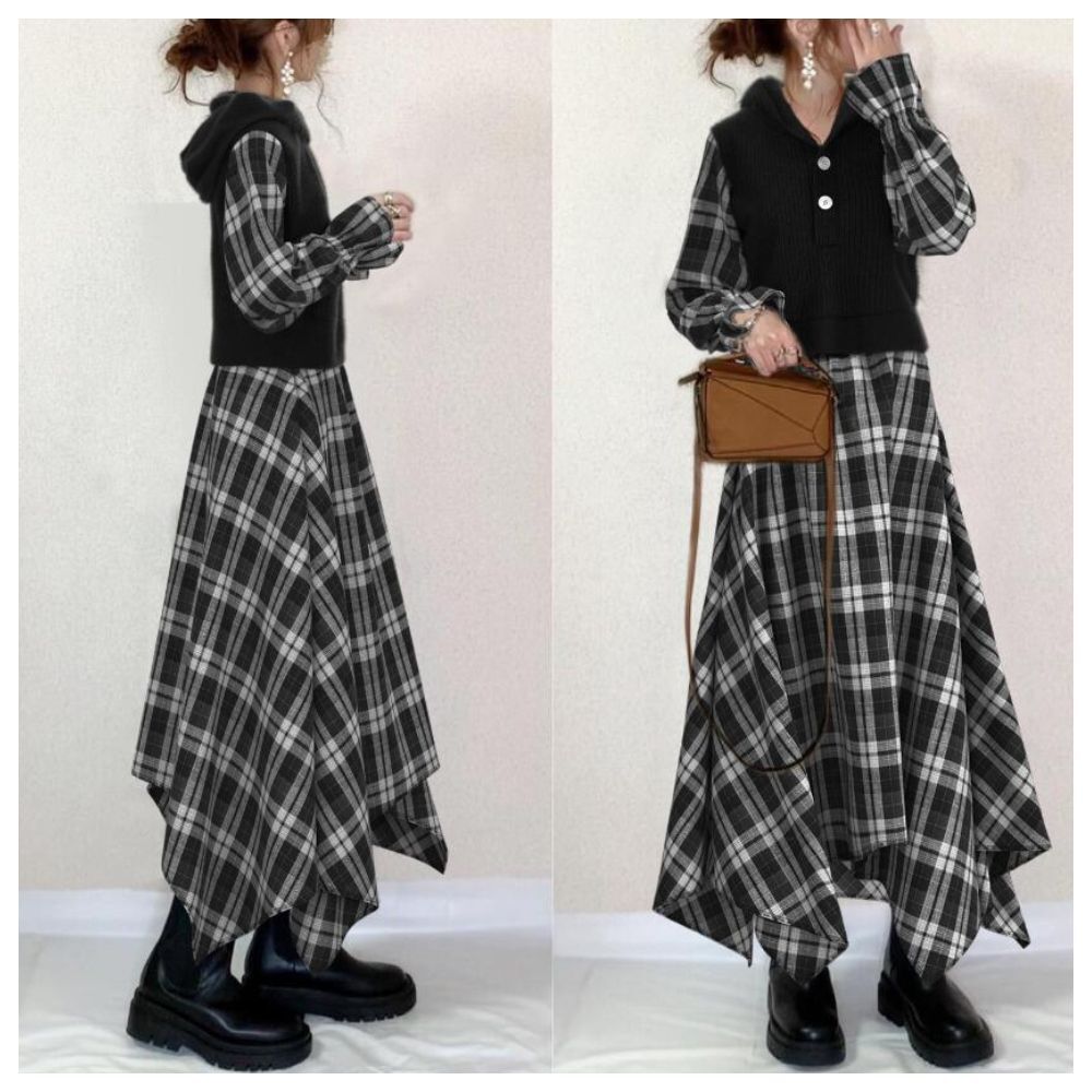 【ASister 小姊姊】AS1922#洋裝☆日系*連帽甜酷格紋拼接黑*過膝連衣裙(S-L)