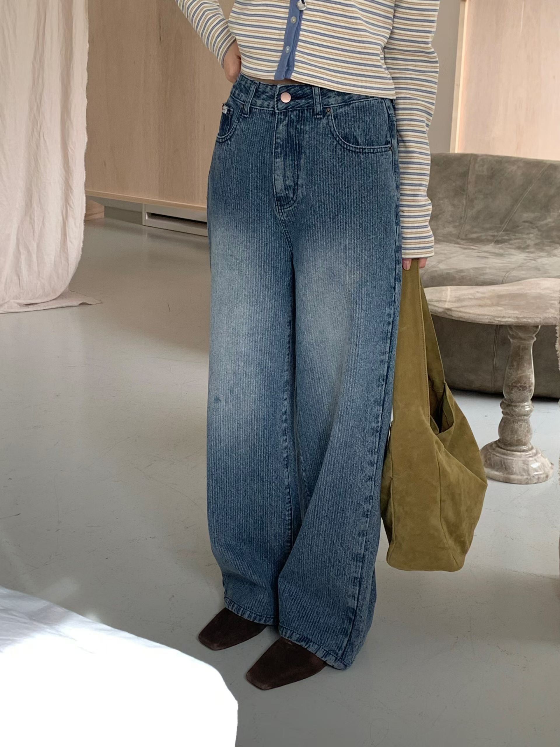 #228N715 Name tag! 復古洗水暗直紋牛仔褲