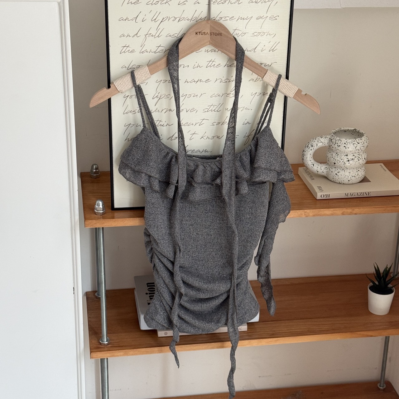 504143 繞脖波浪領抓皺吊帶背心 (R)