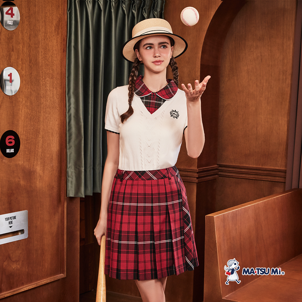 MA‧TSU Mi 經典學院風格紋假兩件針織短袖上衣(紅.深藍)