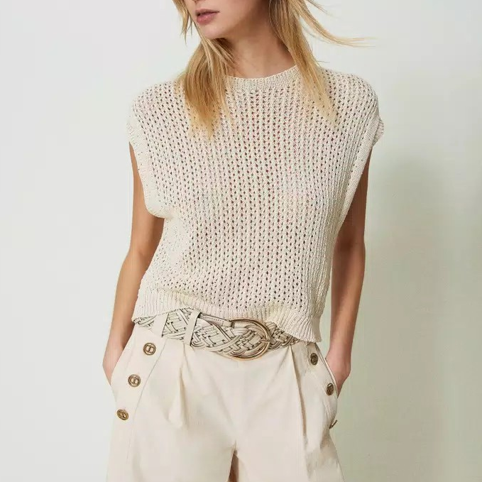 1TS0402-060 TWINSET Mesh Knit Jumper With Sequins Parchment Sequins #241TN3044 (C-EU-E)