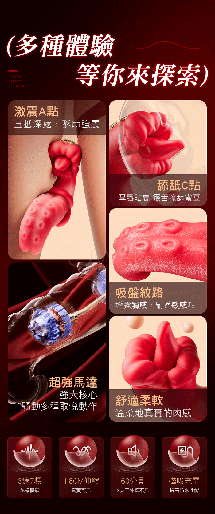 絲西娜．10頻伸縮咬震 吸盤紋路紅唇舌撩按摩器