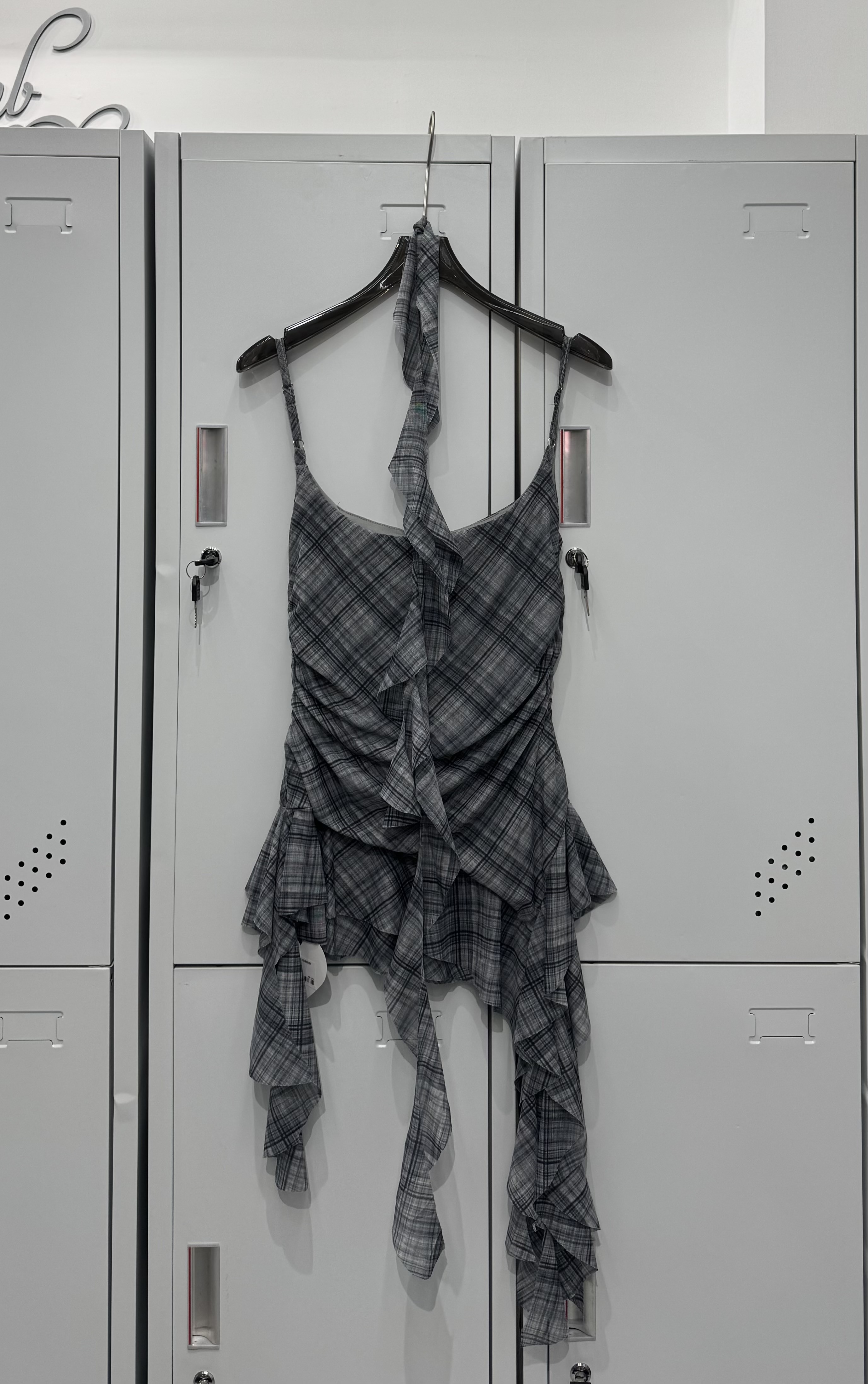 格紋飄帶網紗洋裝附脖帶